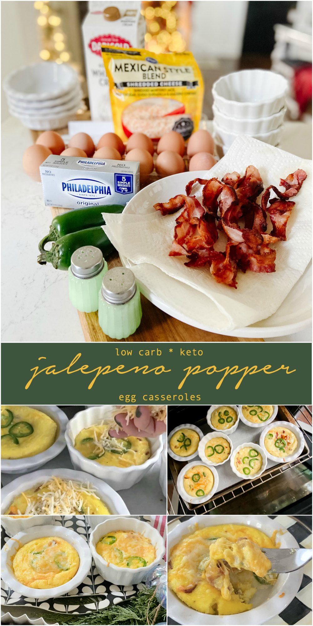 Keto Low-Carb Jalapeno Popper Egg Casseroles. High in protein, low in carbs and filled with creamy eggs, gooey cheese with a kick of jalapeno!