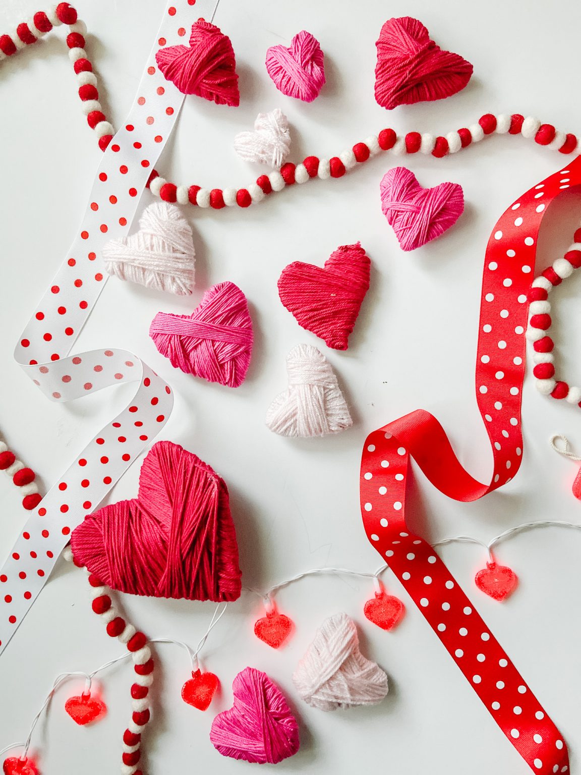 Valentine's Day Yarn-Wrapped Cardboard Hearts + Centerpiece