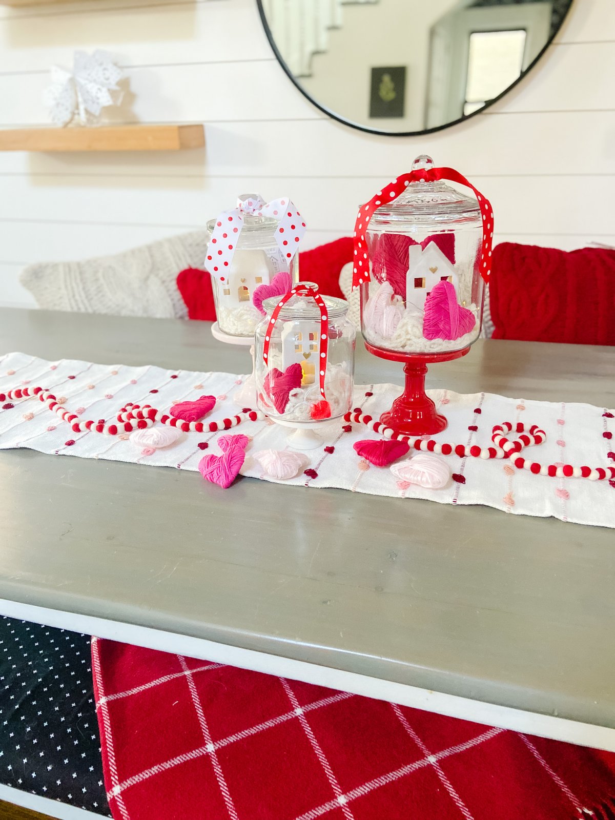 Valentine's Day Yarn-Wrap Cardboard Hearts + Centerpiece. Yarn-wrapped cardboard hearts are so simple to make and can be used for all kinds of Valentine's Day crafts. Add them to clear jars for a pretty centerpiece idea!