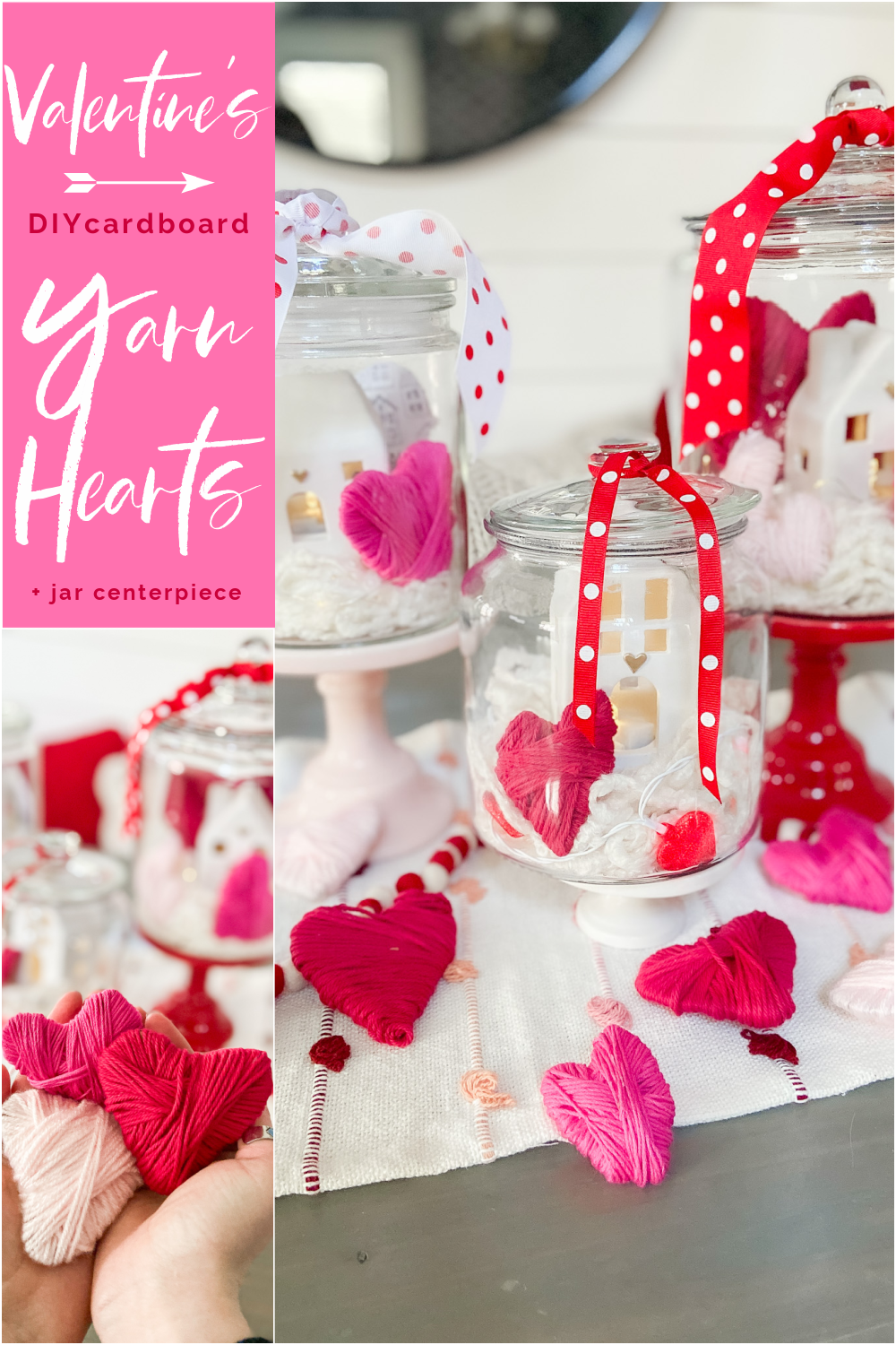 Valentine's Day Yarn-Wrap Cardboard Hearts + Centerpiece. Yarn-wrapped cardboard hearts are so simple to make and can be used for all kinds of Valentine's Day crafts. Add them to clear jars for a pretty centerpiece idea!