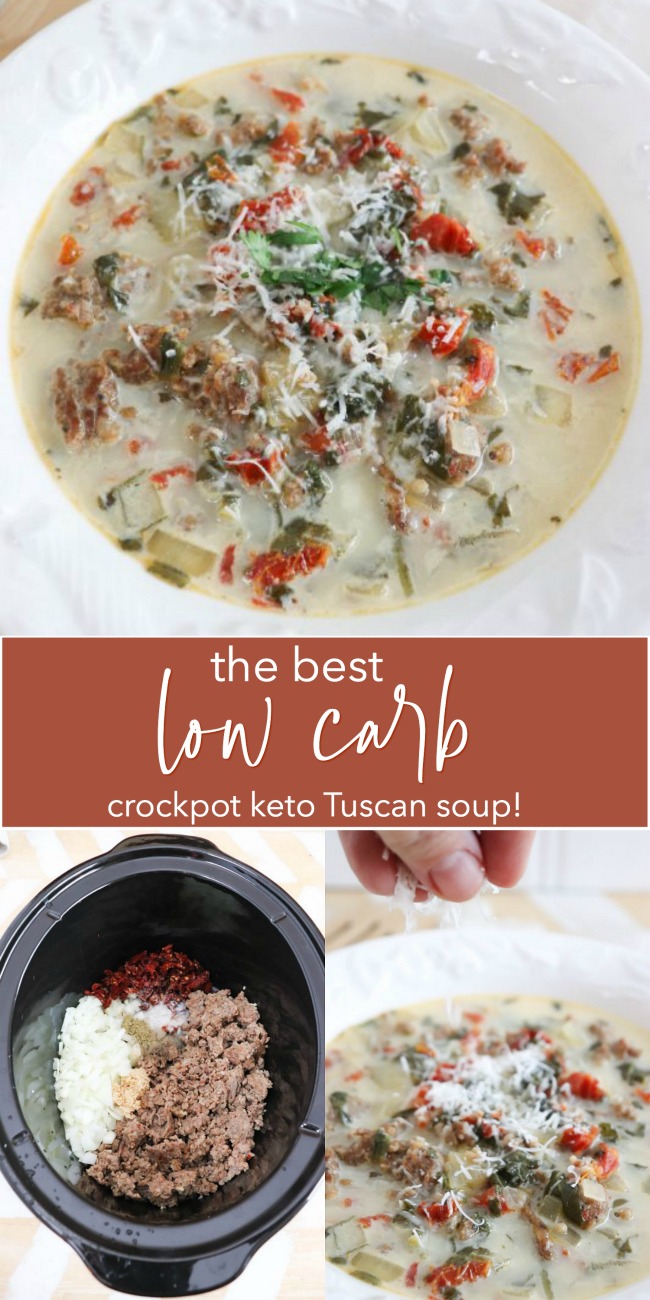 The Best Crockpot Keto Tuscan Soup. Spicy sausage and sun dried tomatoes in a creamy broth is so delicious PLUS low-carb and Keto friendly!