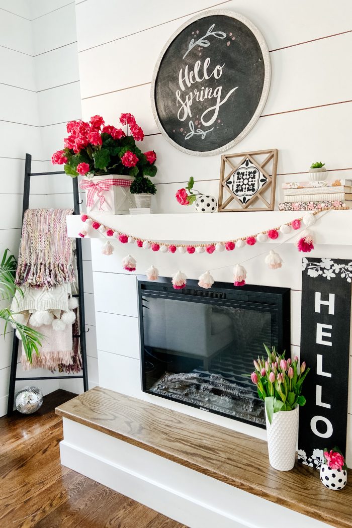 Colorful Spring Mantel with DIY Chalkboard Sign