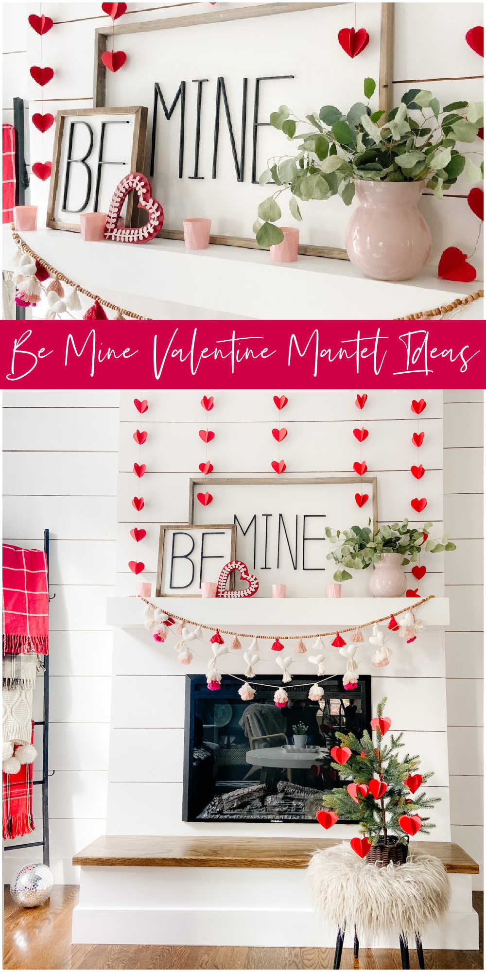 Be Mine Valentine Mantel Ideas. Create some DIY Valentine's signs, hang festive banners two ways and add hearts to a tree for colorful Valentine's Day decor!