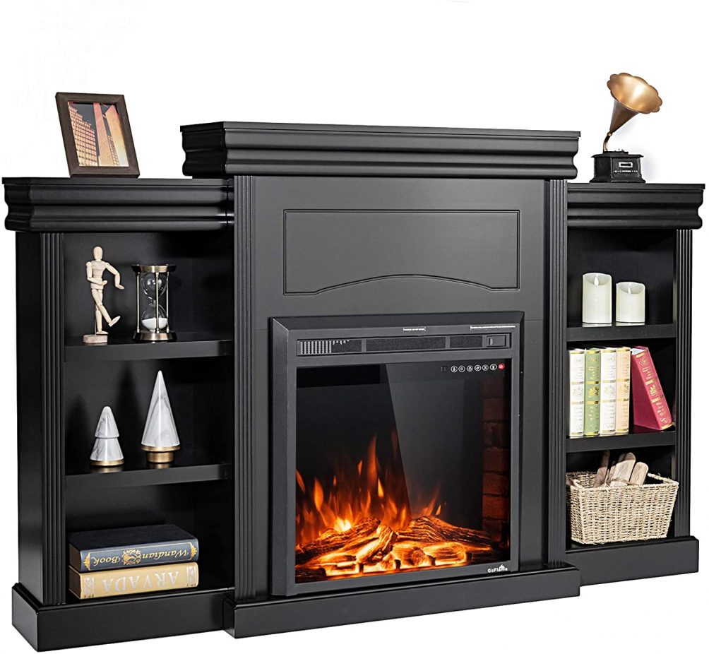 Black fireplace with electric insert and timer 
