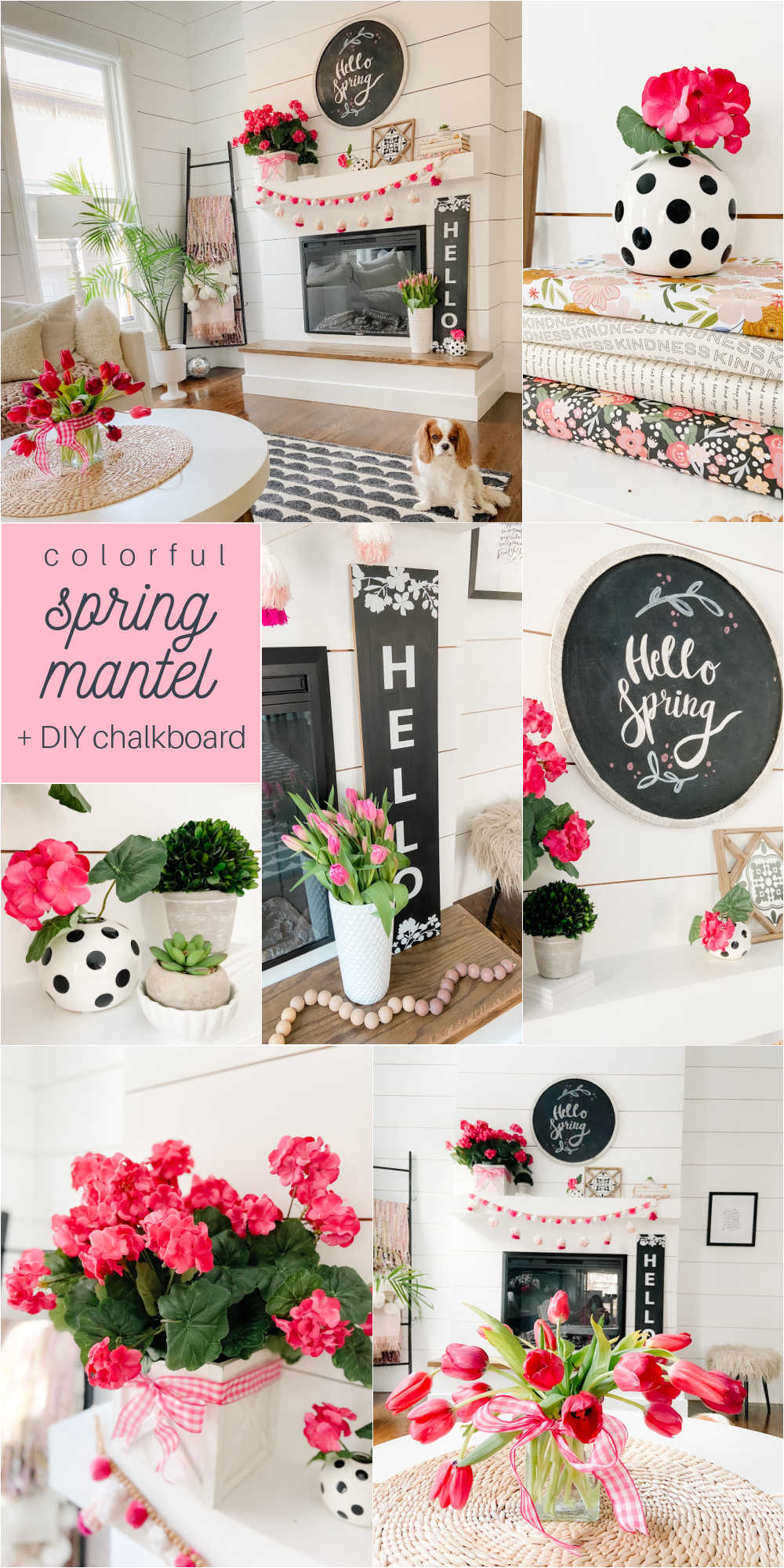 Colorful Spring Mantel with DIY Chalkboard Sign. Add spring color to your home with bright flowers, pretty accents and a DIY chalkboard!