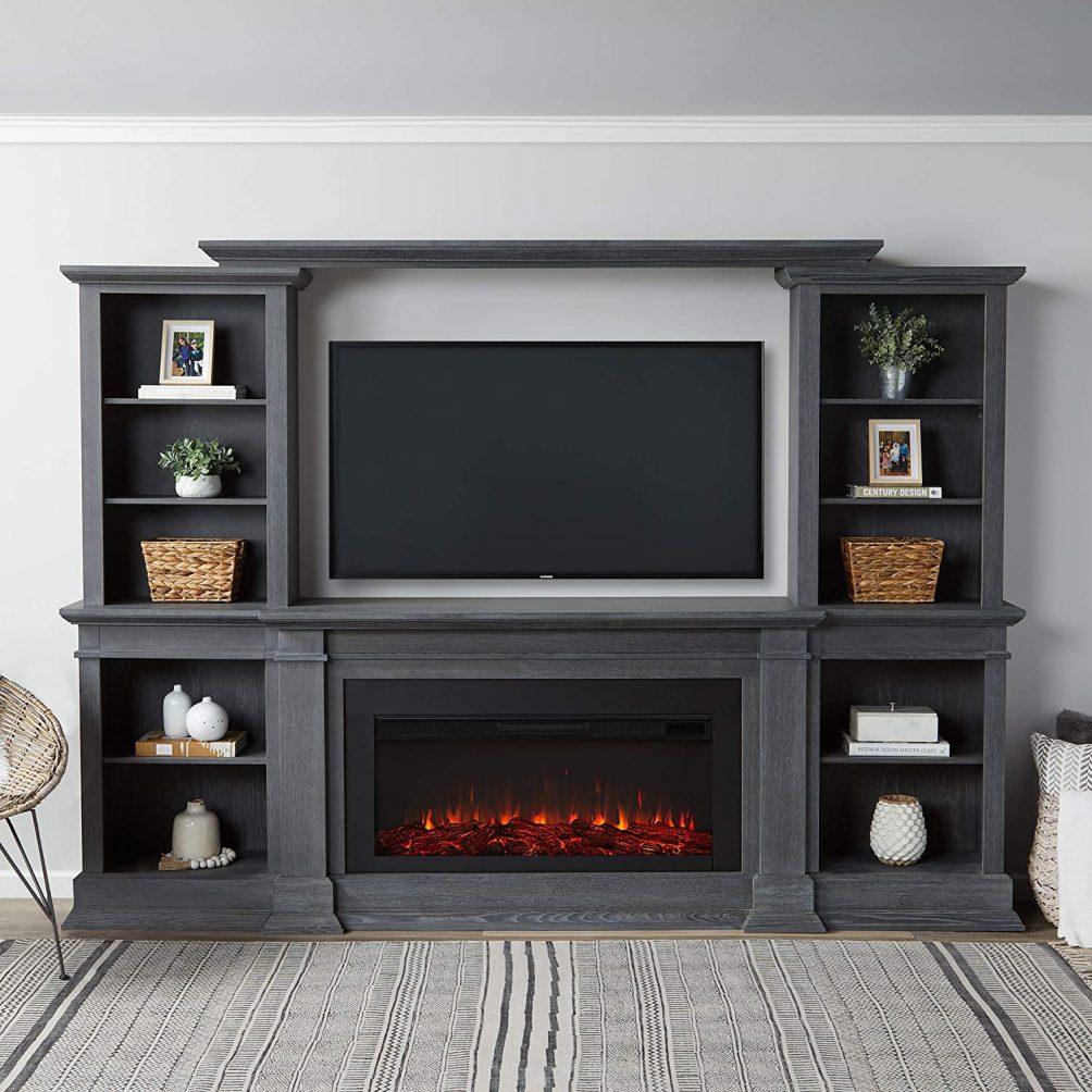 Grey media cabinet with electric fireplace that can heat up to 1000 feet 