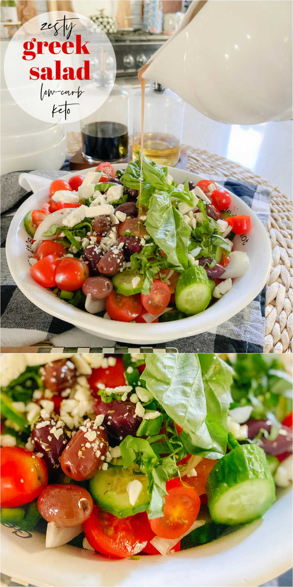Zesty Keto Greek Feta Salad. Crisp veggies, tart kalamata olives, creamy feta and a zesty vinaigrette dressing make a refreshing low-carb salad! 