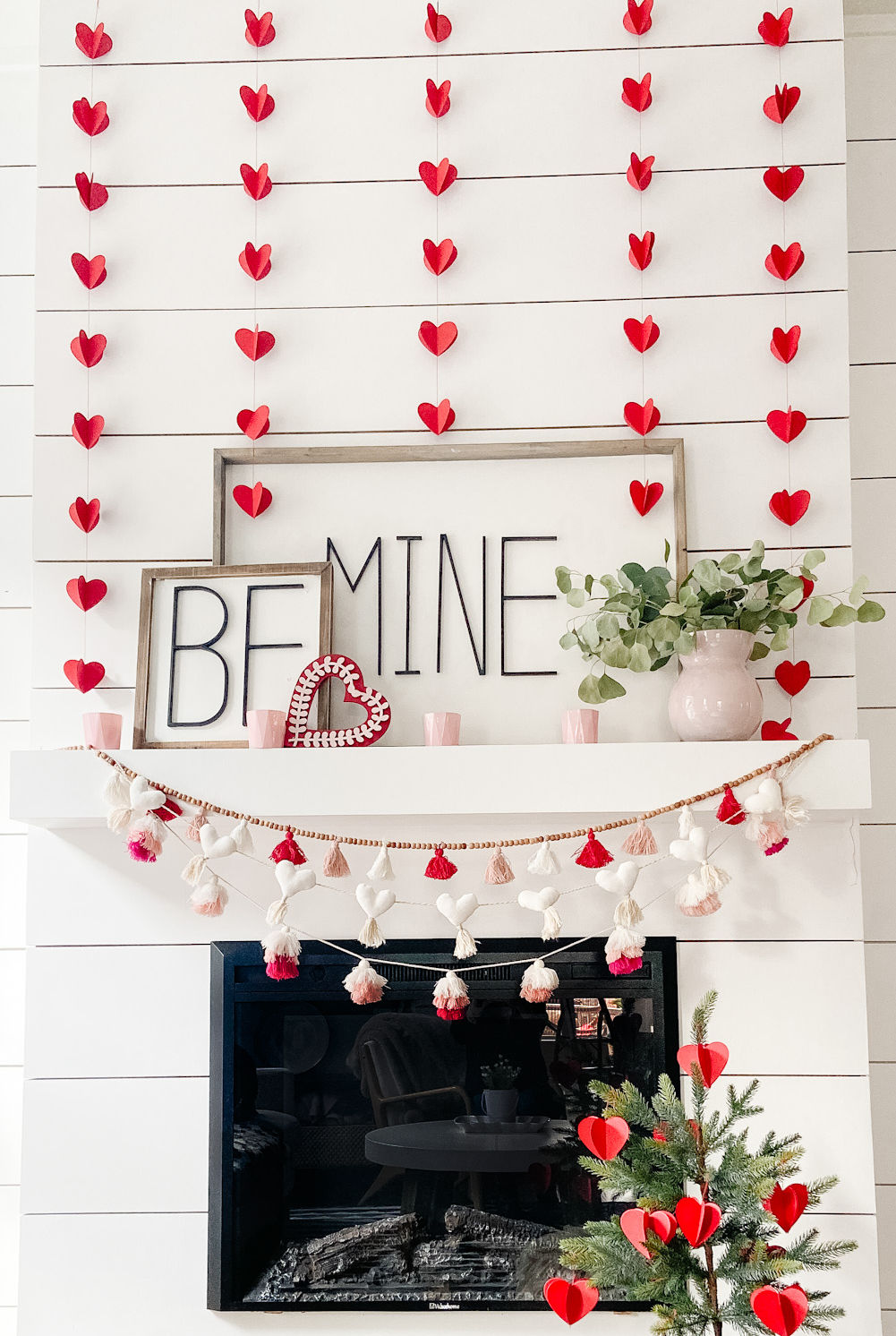 Be Mine Valentine Mantel Ideas. Create some DIY Valentine's signs, hang festive banners two ways and add hearts to a tree for colorful Valentine's Day decor! 