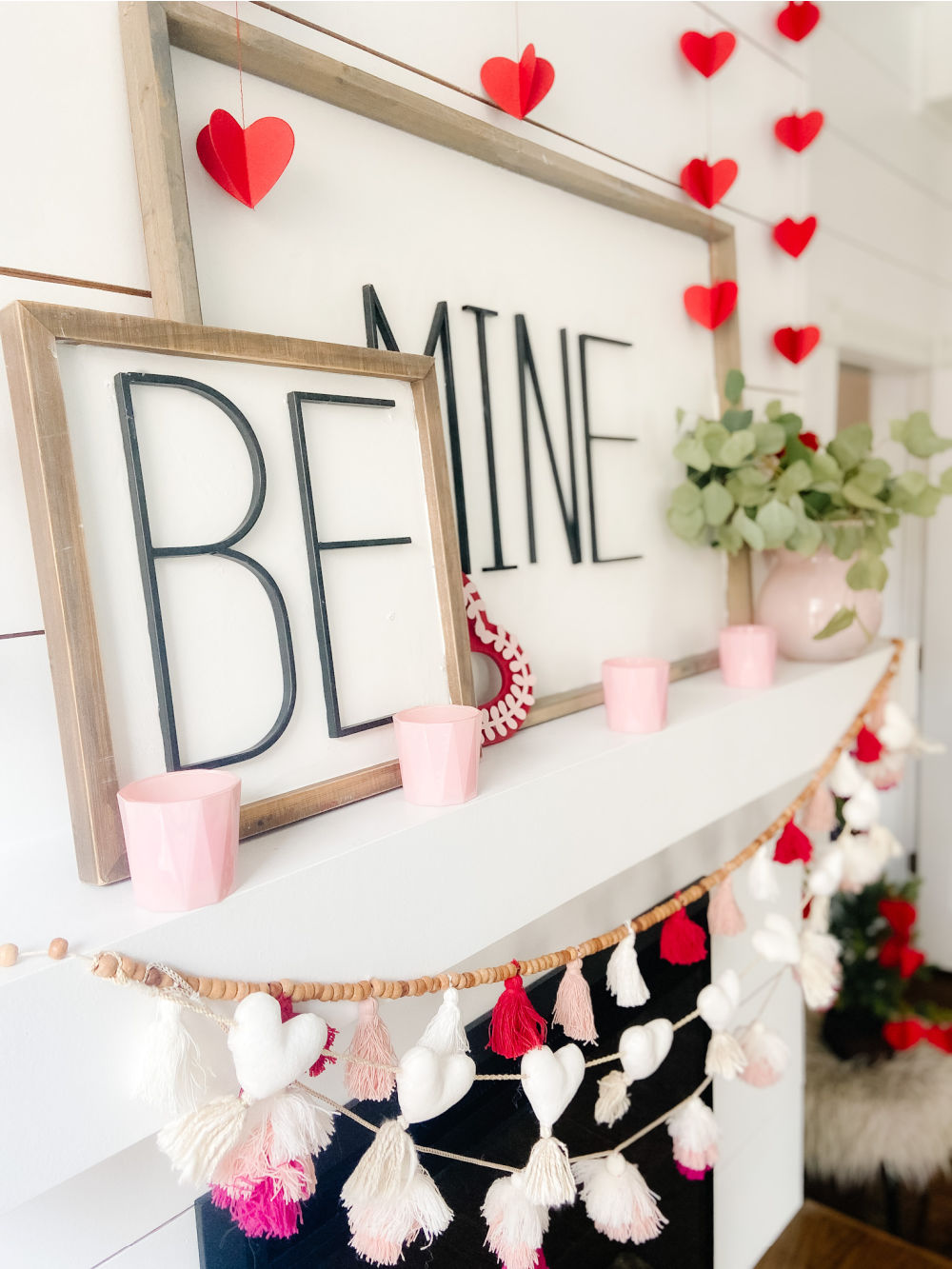 Be Mine Valentine Mantel Ideas. Create some DIY Valentine's signs, hang festive banners two ways and add hearts to a tree for colorful Valentine's Day decor! 