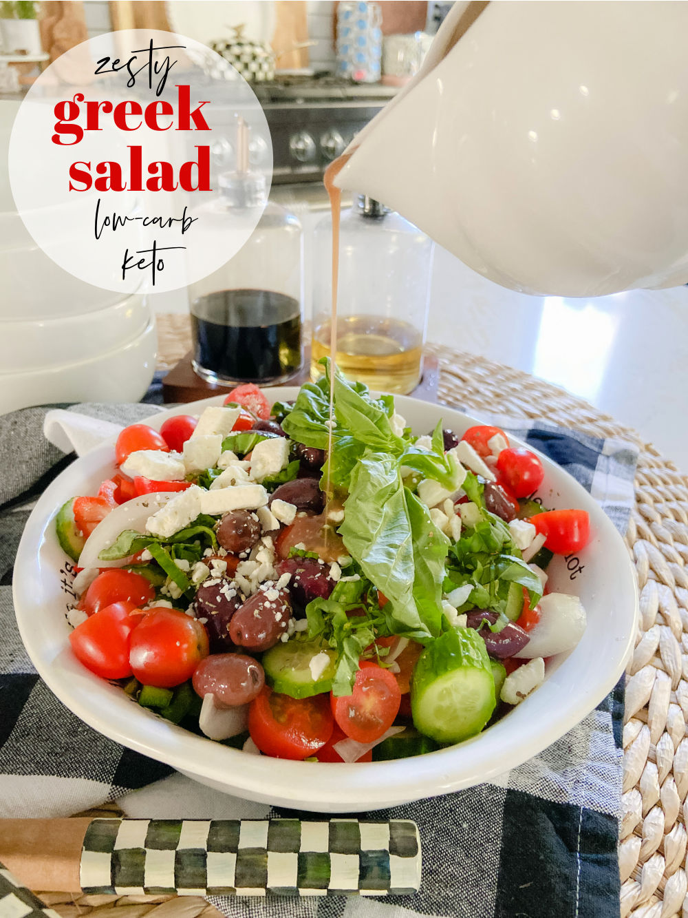 Zesty Keto Greek Feta Salad. Crisp veggies, tart kalamata olives, creamy feta and a zesty vinaigrette dressing make a refreshing low-carb salad! 