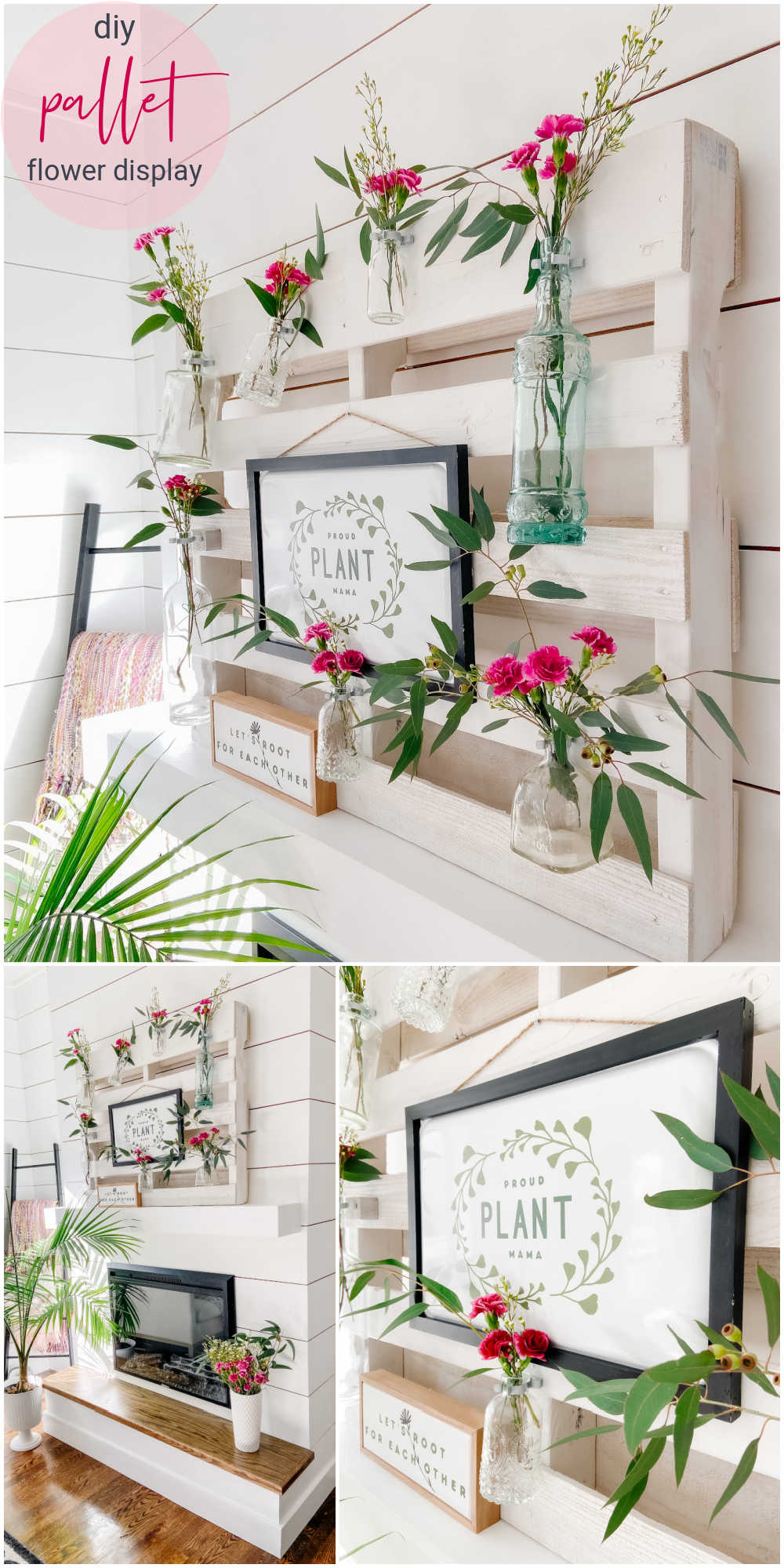 DIY Spring Pallet Flower Mantel. Turn a free pallet into a beautiful vertical flower and sign display that can be changed out seasonally! 