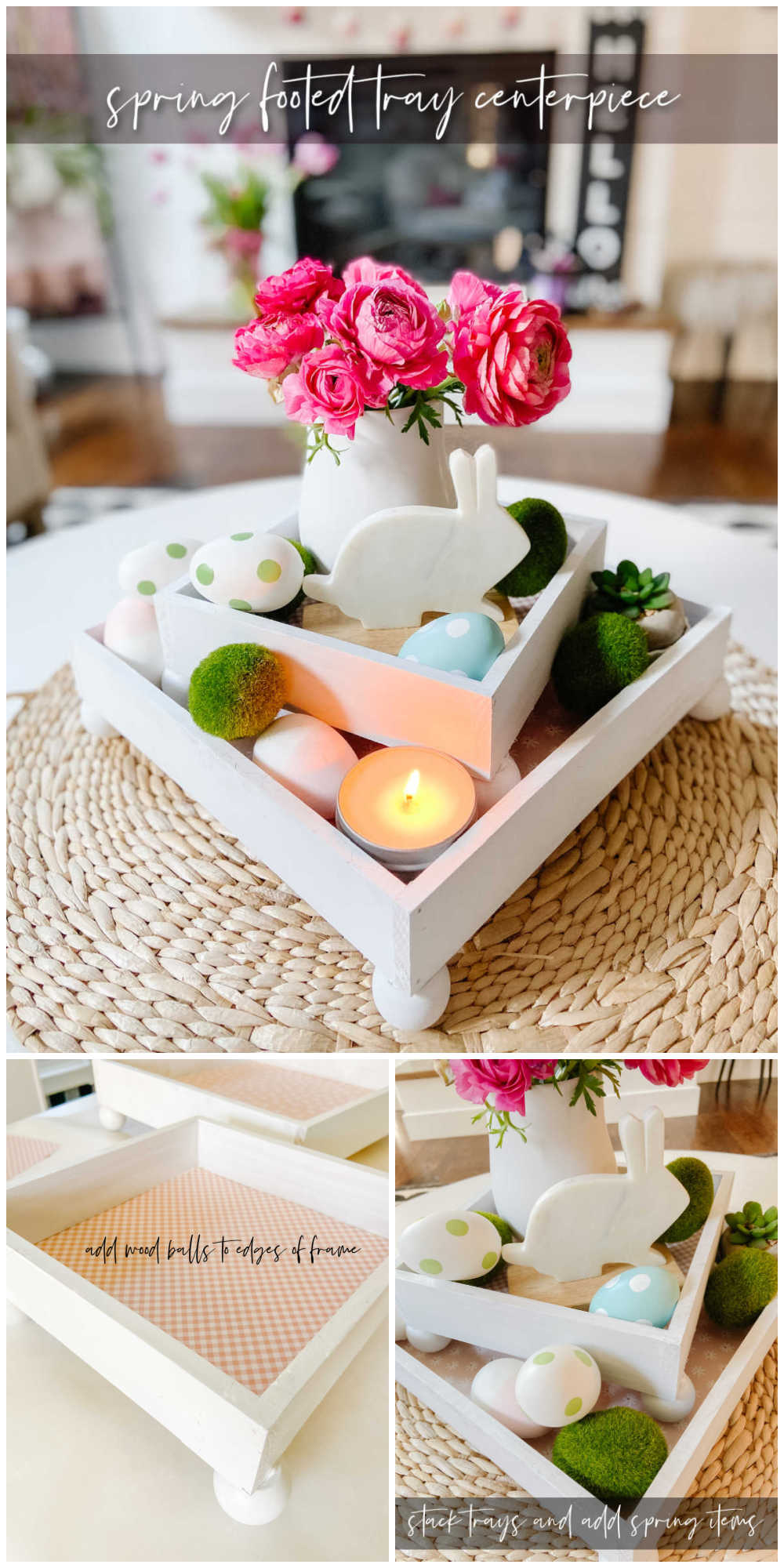 DIY Spring Footed Stacking Tray Centerpiece. Add ball feet to simple wood boxes, add scrapbook paper and layer with fresh flowers and spring items for a pretty centerpiece! 