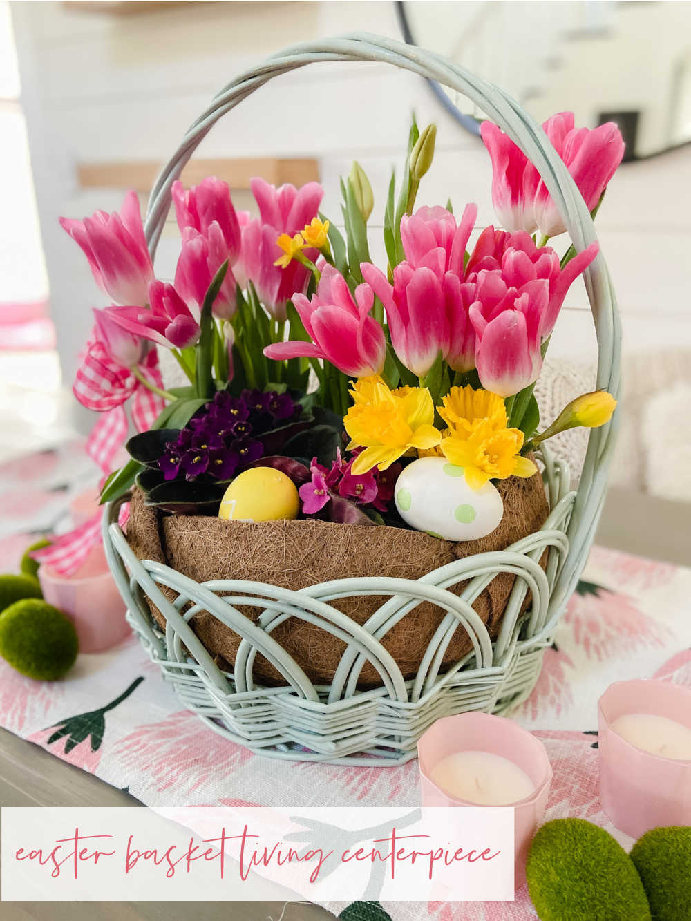 Easter Basket Living Floral Centerpiece. Take an Easter basket, plant flowers inside and cover with a dollar store coir liner for a beautiful spring living centerpiece.