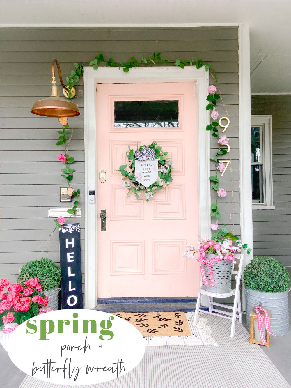 Spring Butterfly Pennant Wreath. Celebrate spring by making this simple wreath with butterflies cut out of cardstock and a big pennant in the middle and a spring saying!