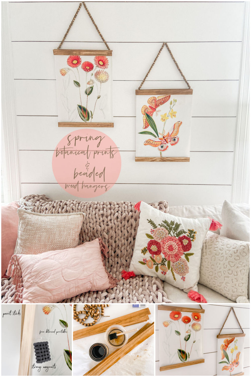 Spring Botanical Prints with Beaded Hangers. Bring a little spring color into your home with these vintage botanical prints and make beaded hangers for less than $5!