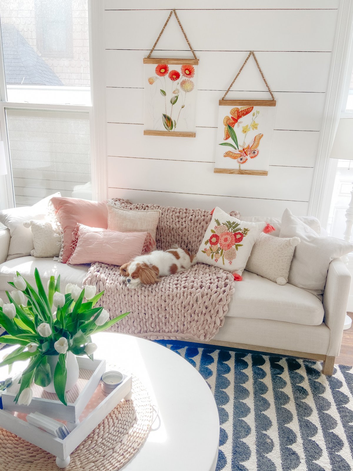 Bright pink and orange flowers and butterflies with wood frames and beaded tops. 