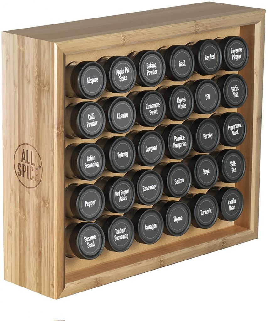 Wood Spice rack and glass containers with printable labels for the foodie, chef or entertainer. 