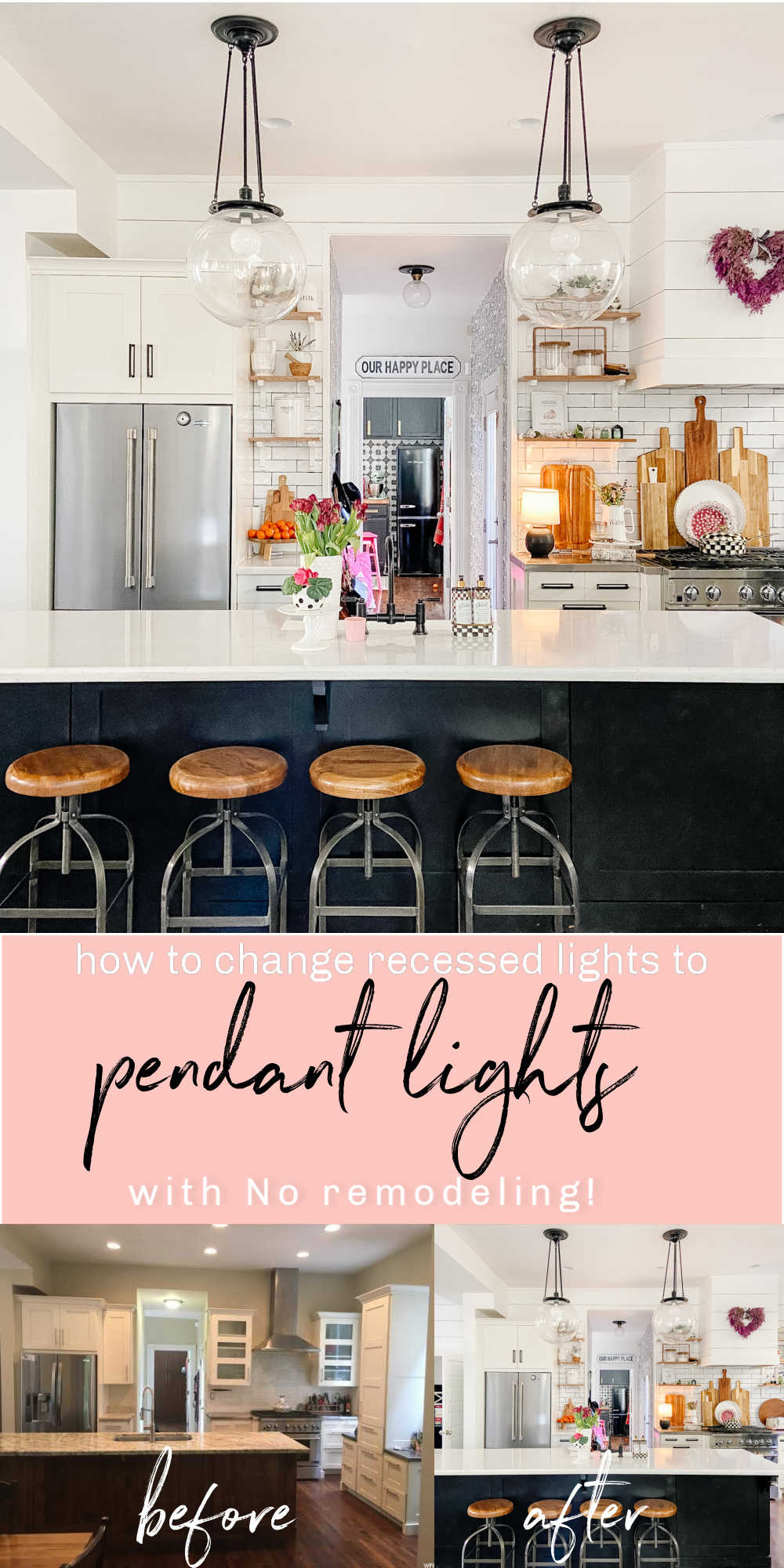 How to change a recessed can light into a pendant light with no remodeling. Switch out a can light for a beautiful pendant or chandelier light in just minutes with no remodeling! 