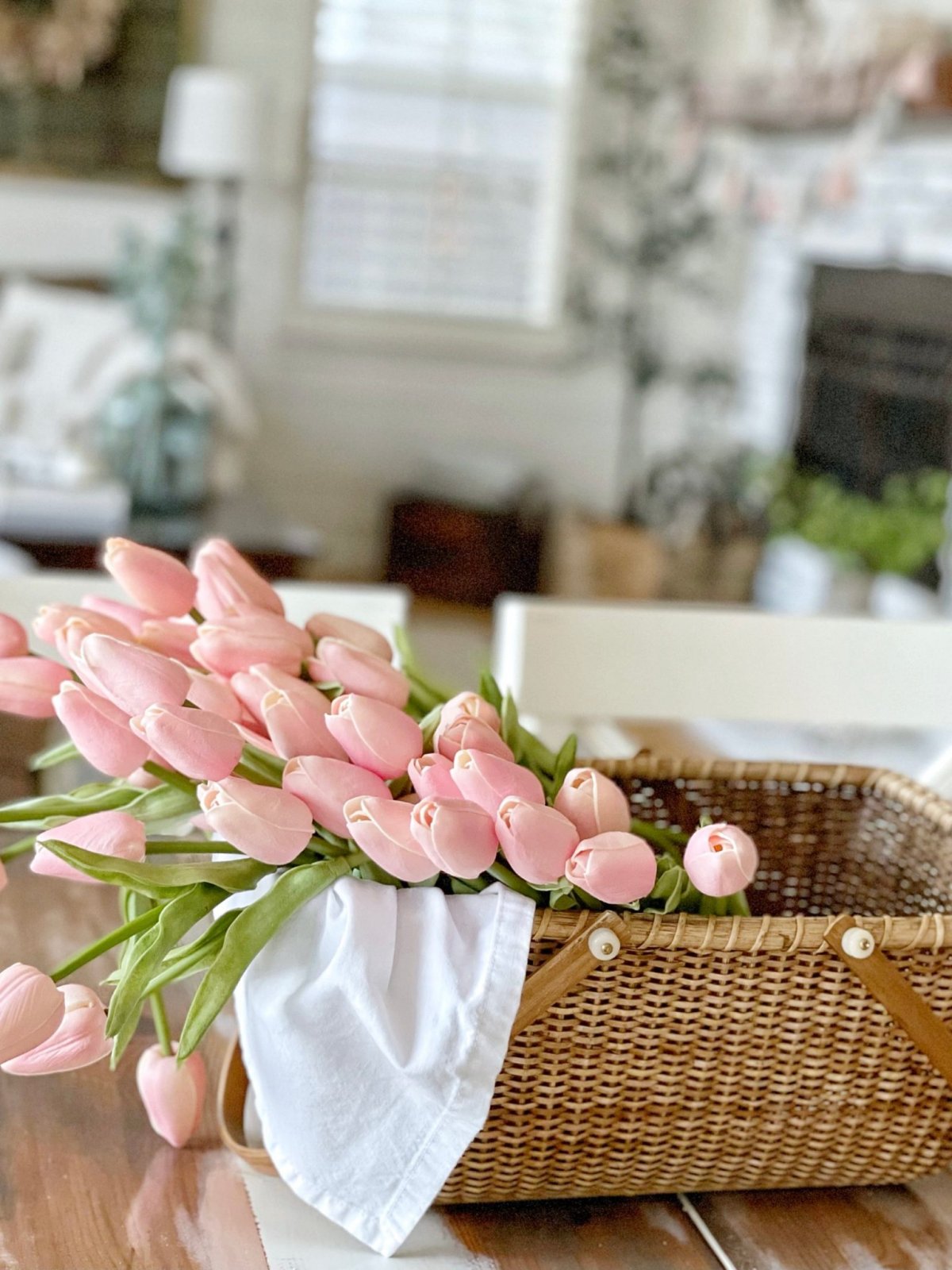 Simple spring decor pink tulips in a basket. 