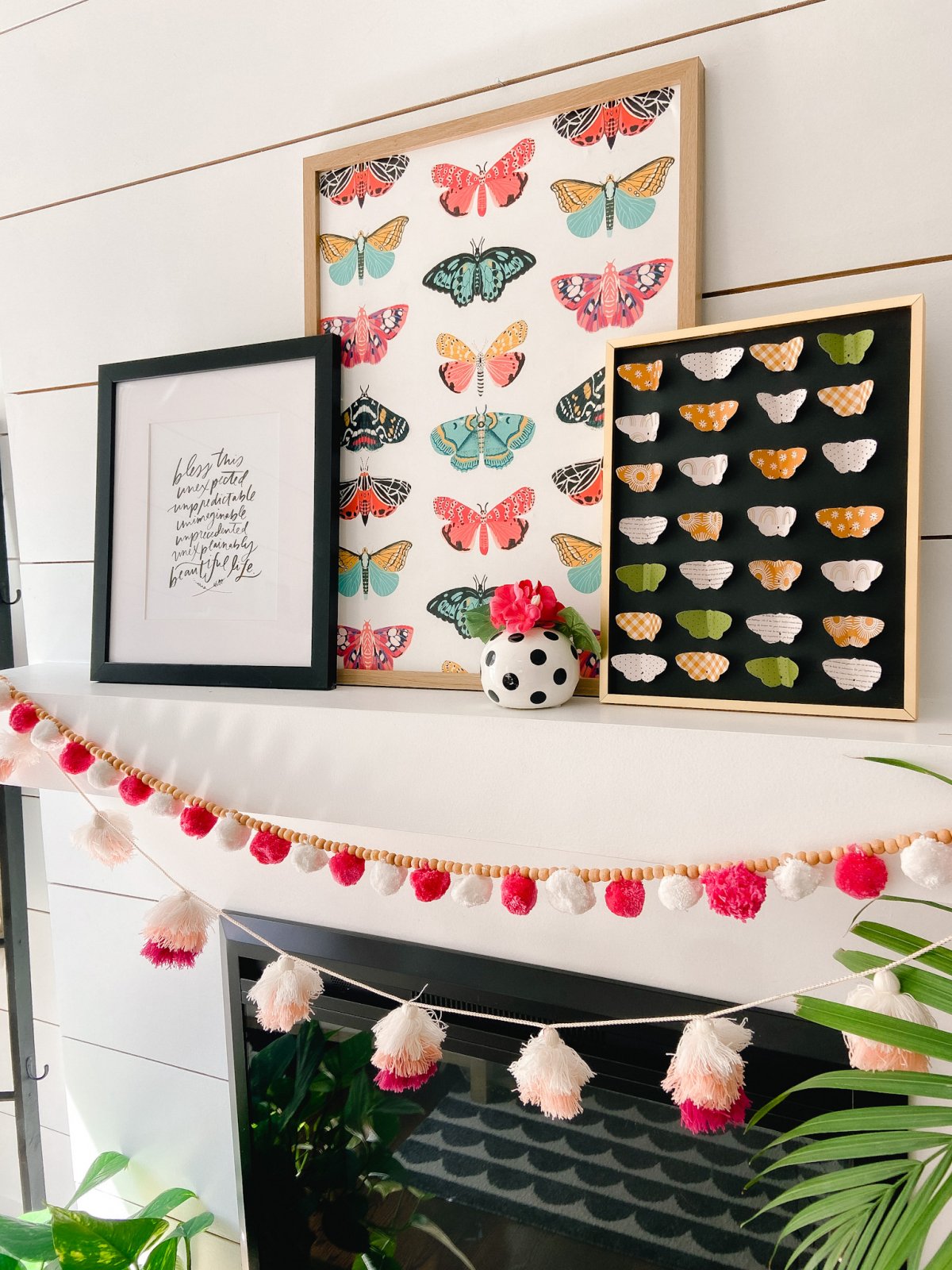 Butterfly Paper Specimen Art and Mantel. Use scrapbook paper and a butterfly die cut to create a three-dimensional and whimsical specimen art for a summer mantel! 