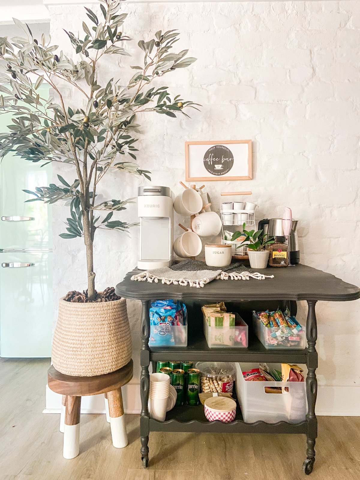 Coffee and Snack Bar Cart Upcycle. Create a beverage and snack station for guests by painting a vintage cart and giving it new life!