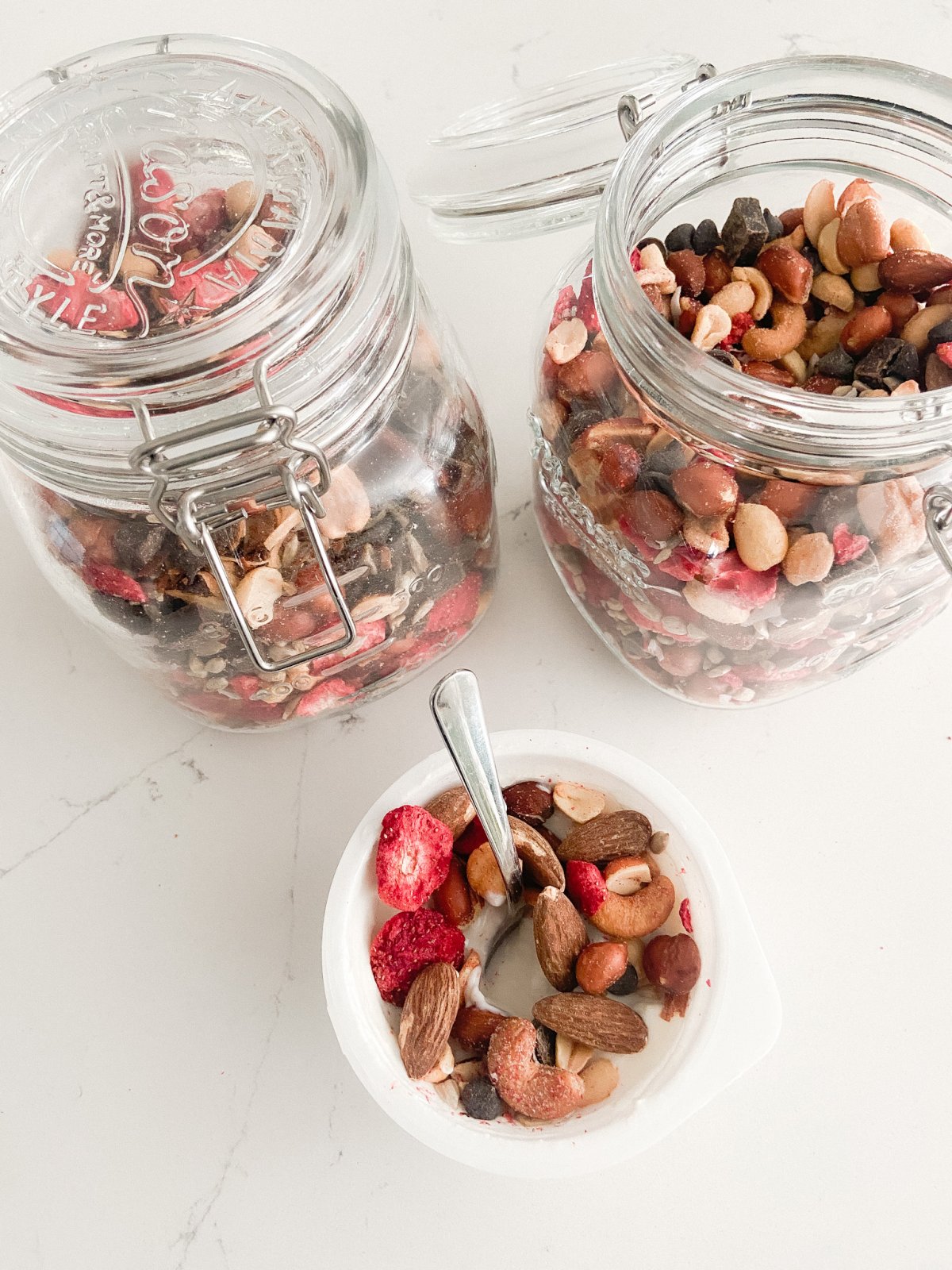 Low-Carb Keto Strawberry Chocolate Trail Mix with 5 grams net carbs per 1/3 cup serving. 