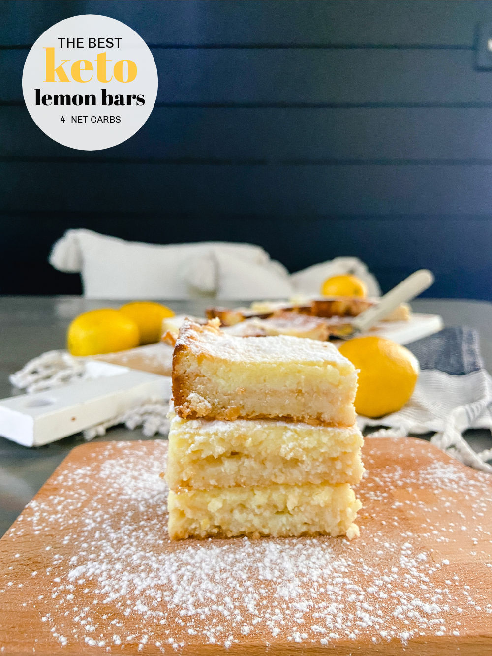 Keto Lemon Bars. These tangy lemon bars are the perfect combination of buttery crust and creamy lemon filling with only 4 net carbs!