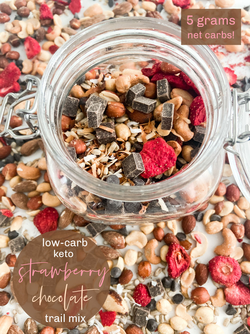 Low-Carb Keto Strawberry Chocolate Trail Mix with 5 grams net carbs per 1/3 cup serving. 