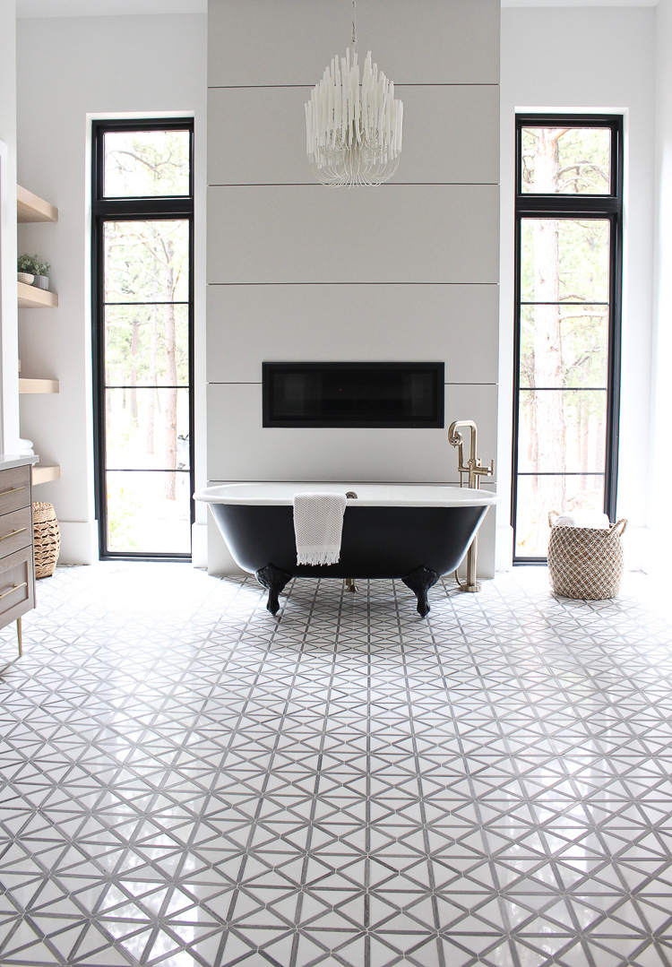 Black clawfoot tub with modern tile.