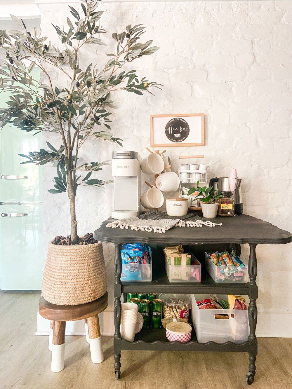 Airbnb vintage cart turned coffee cart and free coffee bar sign.