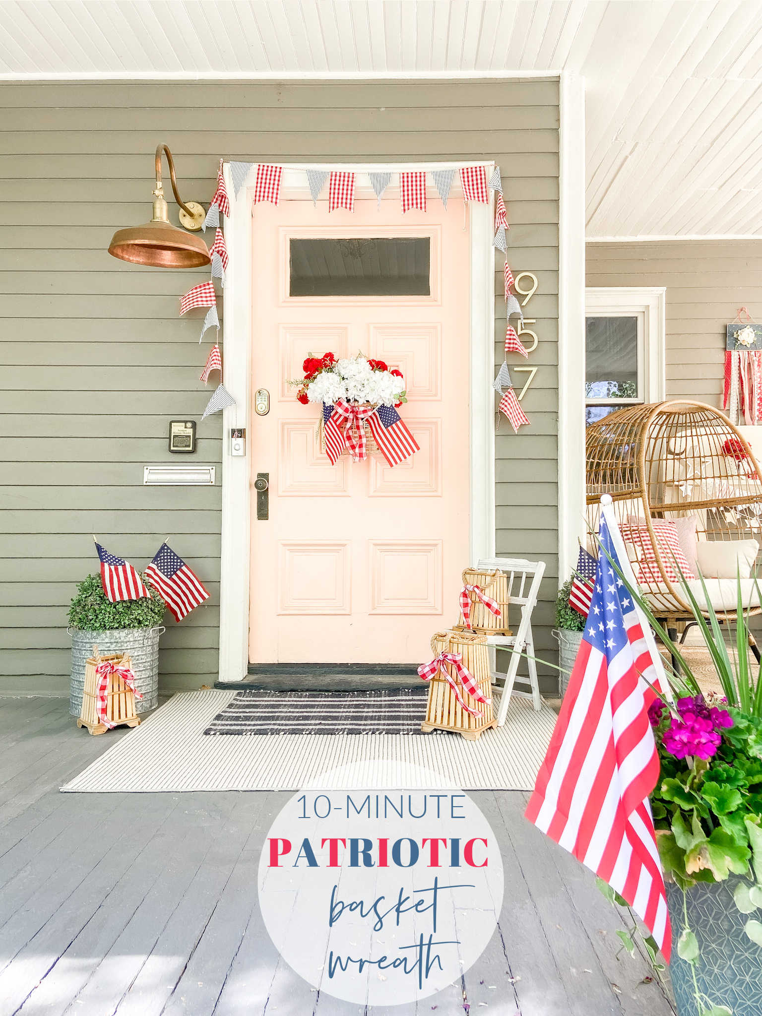Red white and blue porch ideas with a basket wreath, pennant banner, flags and pillows. 