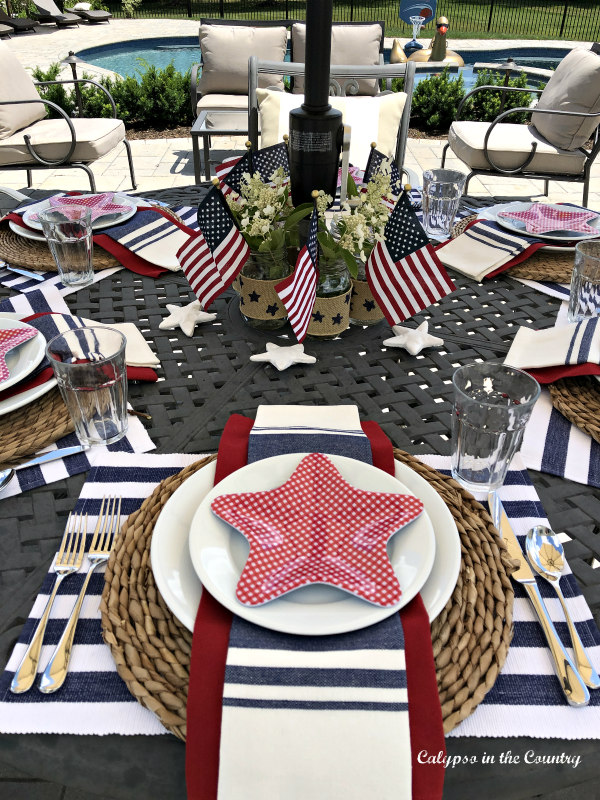 Red whtie and blue table with star dishes 