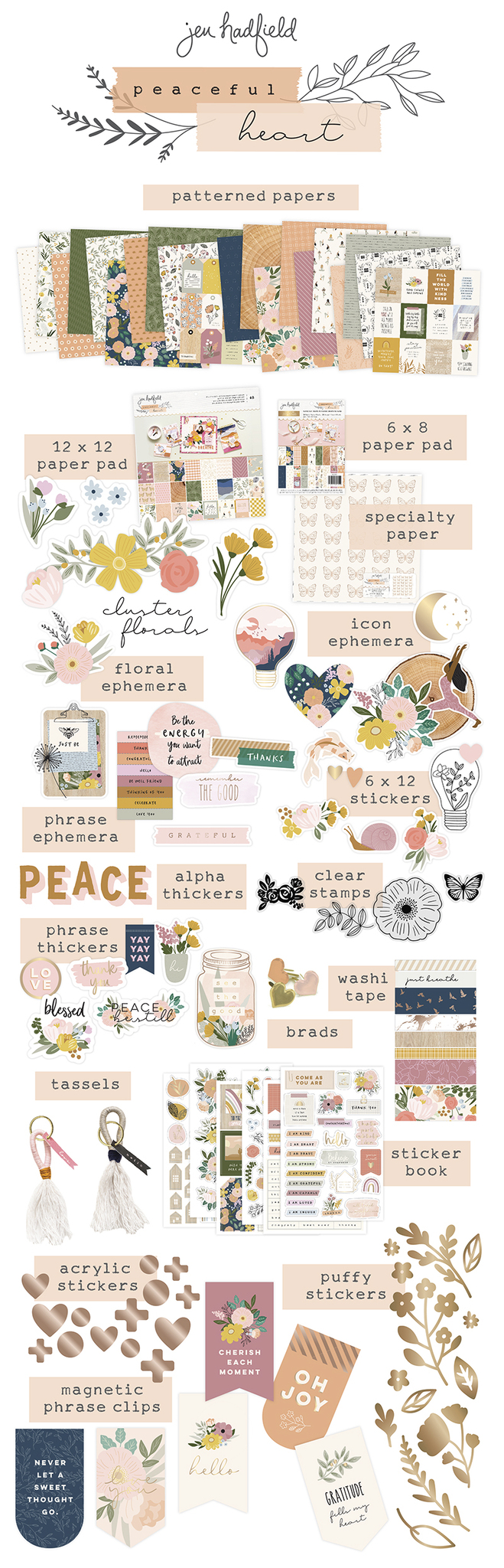 New Jen Hadfield Peaceful Heart Line! My new Pebbles paper and embellishment line with a cozy boho feel is available now!