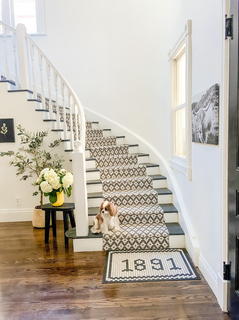 1891 home renovations spiral staircase with DIY runner installation.