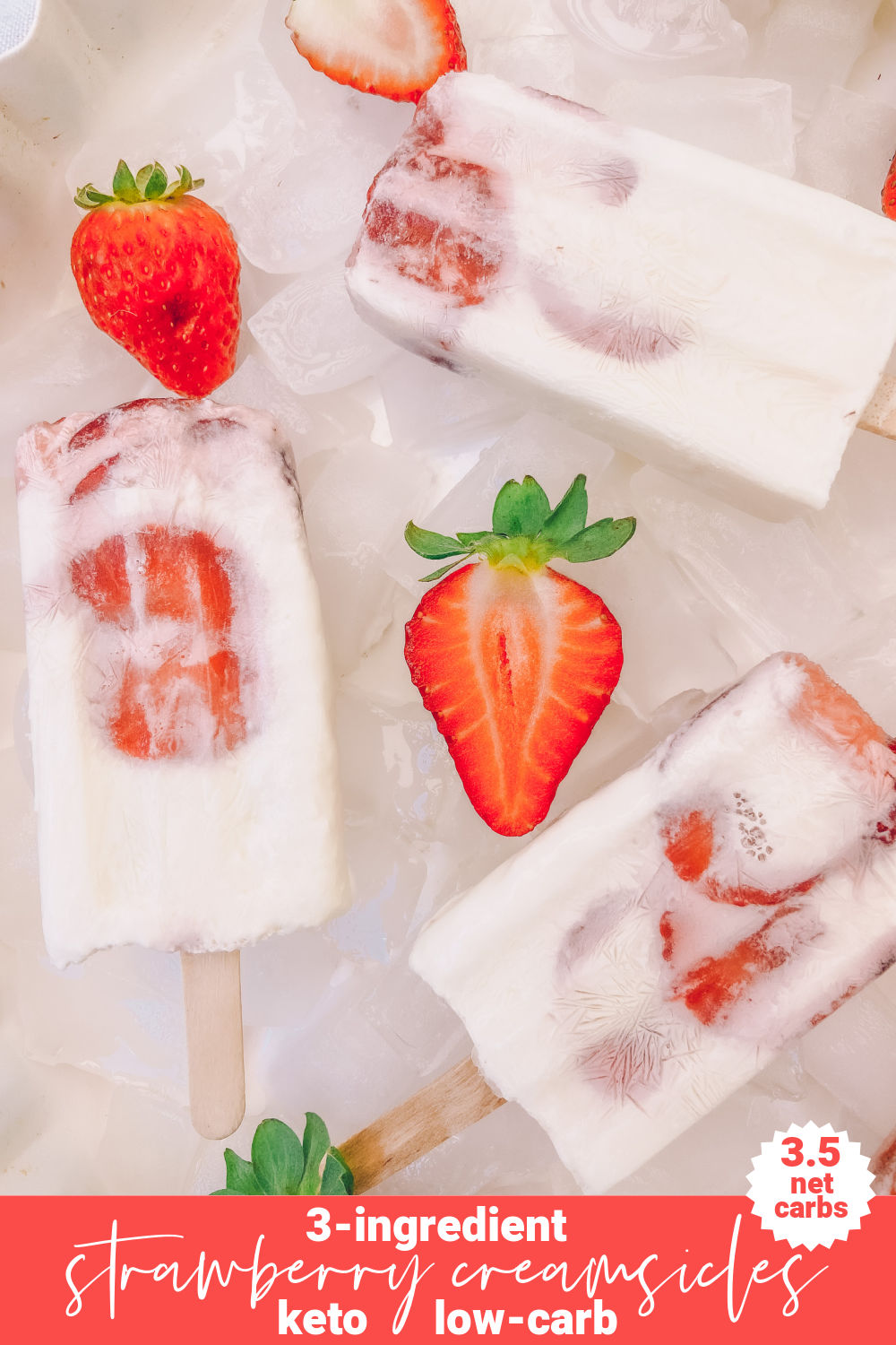 3-Ingredient strawberry Creamsicle Popsicles. The easiest and BEST low-carb strawberry popsicles taste like summer with just 3.5 net carbs per serving! 