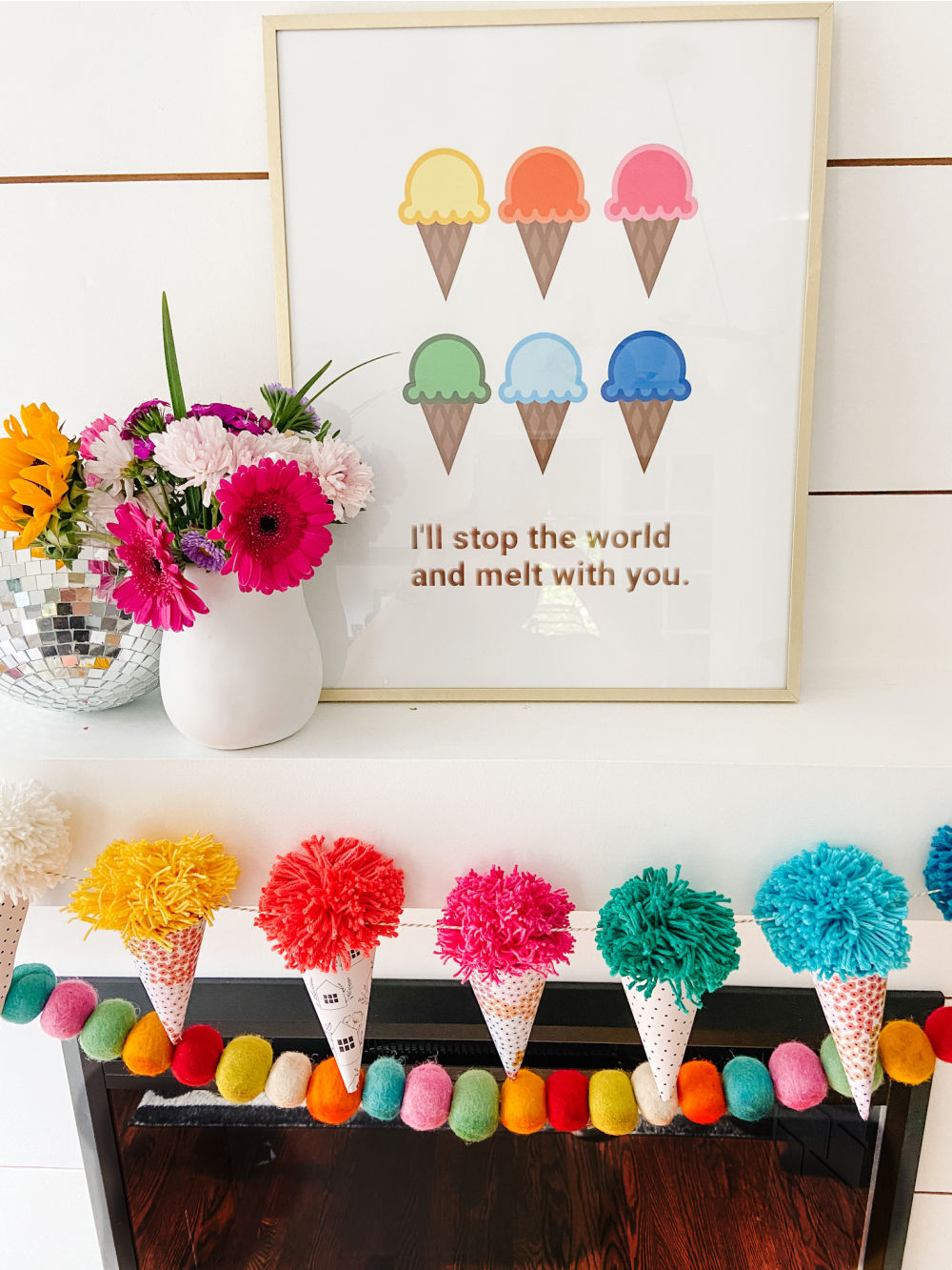 Ice Cream Cone Garland and Free Summer Printable. Celebrate Summer by creating a DIY Ice Cream Cone Banner with a matching printable for instant summer decor!  
