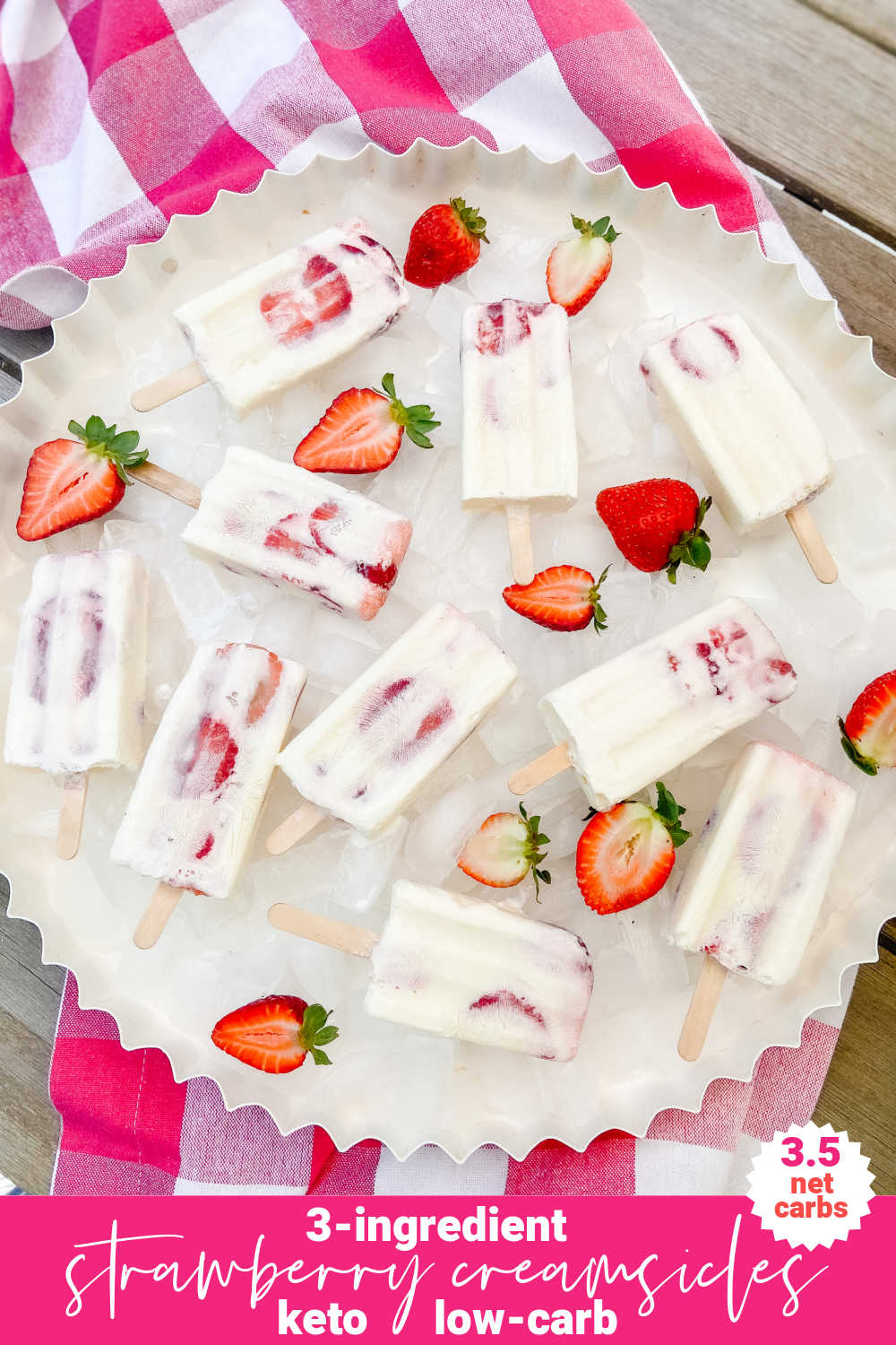 3-Ingredient strawberry Creamsicle Popsicles. The easiest and BEST low-carb strawberry popsicles taste like summer with just 3.5 net carbs per serving! 