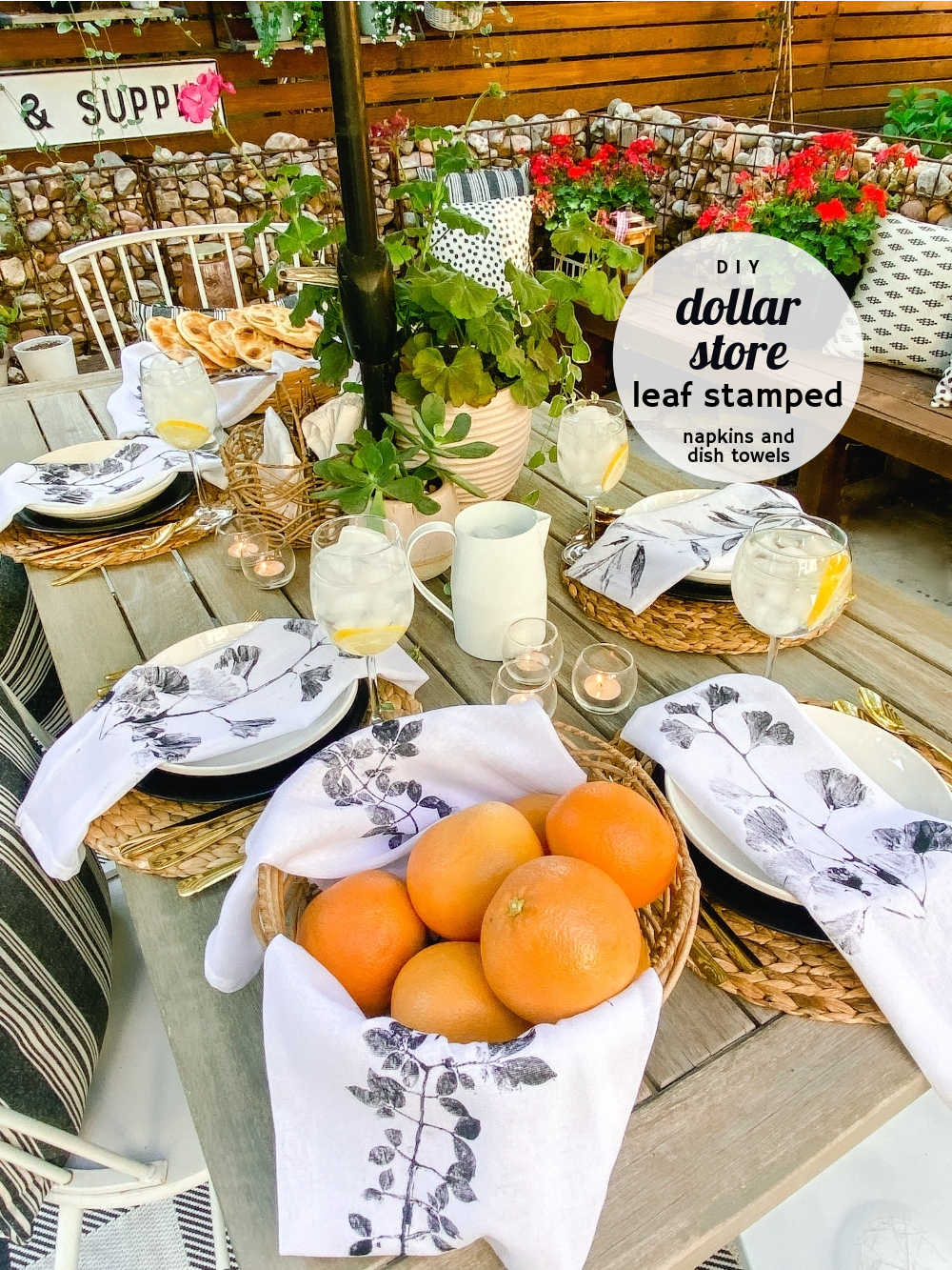 Dollar Store Stamped Leaf Napkins and Dish Towels Easy Fall DIY