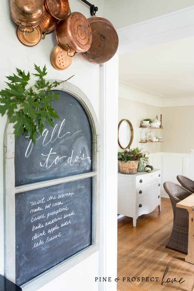 Fall Kitchen with Copper Accents at Pine and Prospect Home. Chalkboard with Fall To Do List. 