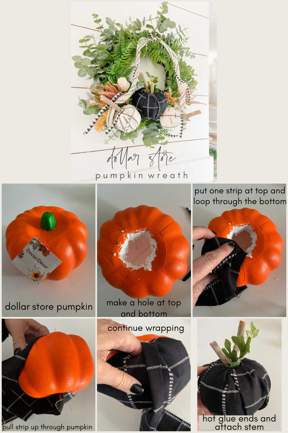 Dollar Store Pumpkin Fall Wreath. Turn $1 pumpkins into beautiful decor by covering them in fabric and adding them to a simple wreath! 