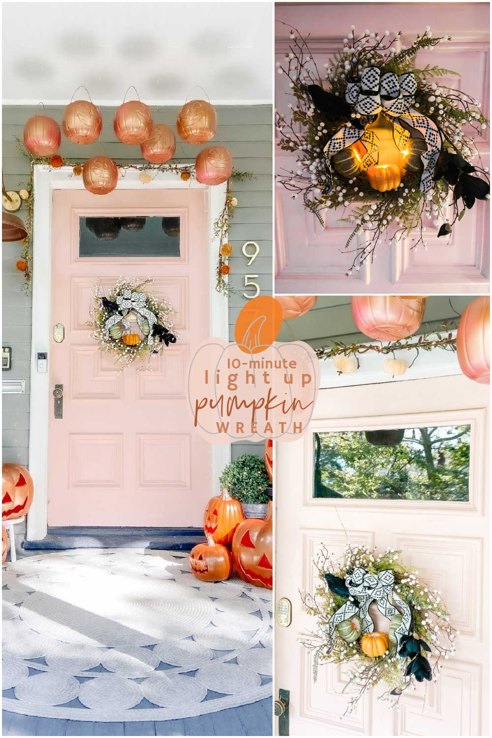 Light Up Pumpkin Farmhouse Wreath. Carve the middle of foam pumpkins, add light-up votives and add them to a wreath for a pretty wreath that also lights up at night! 