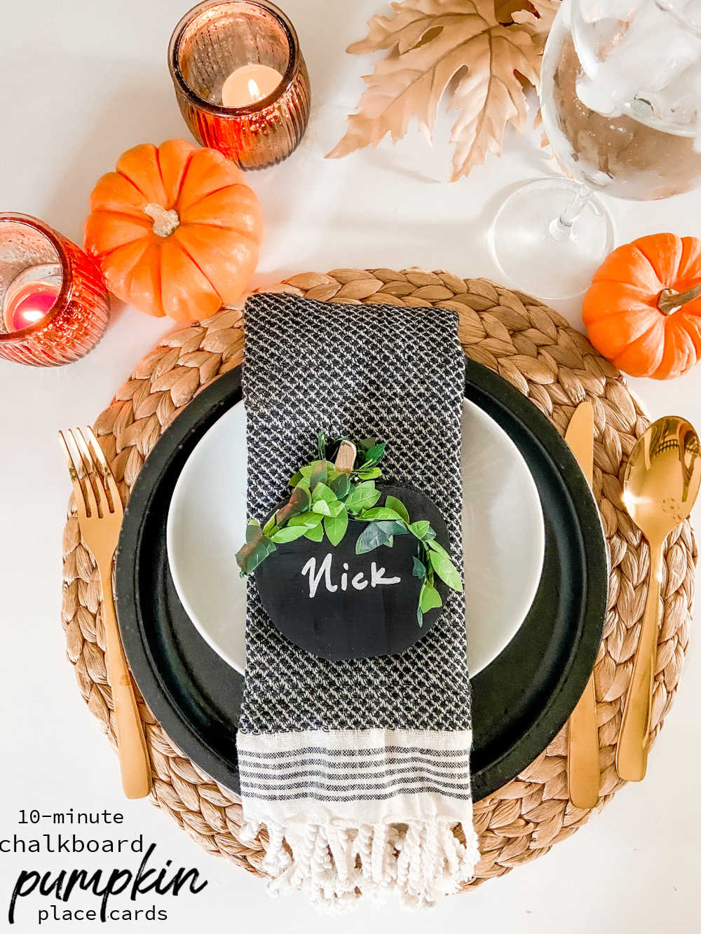 DIY Wood Chalkboard Pumpkin Place Markers. Get ready for fall entertaining by making these easy pumpkin-shaped wood chalkboard place markers! It’s a 10-minute project that can be used all autumn long!