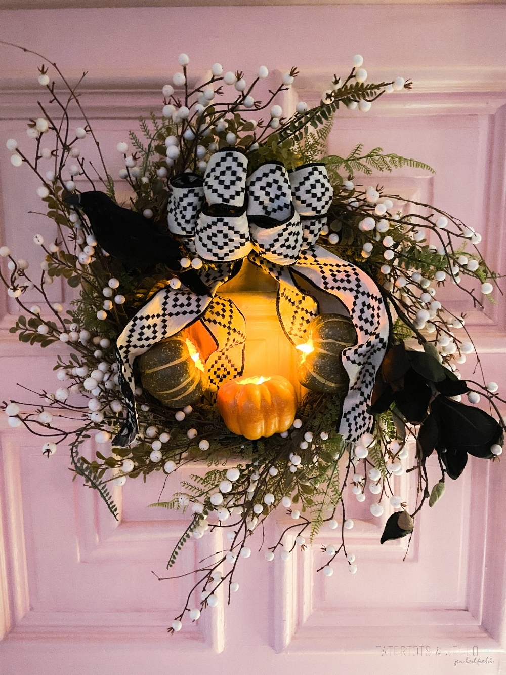 Light Up Pumpkin Farmhouse Wreath. Carve the middle of foam pumpkins, add light-up votives and add them to a wreath for a pretty wreath that also lights up at night!