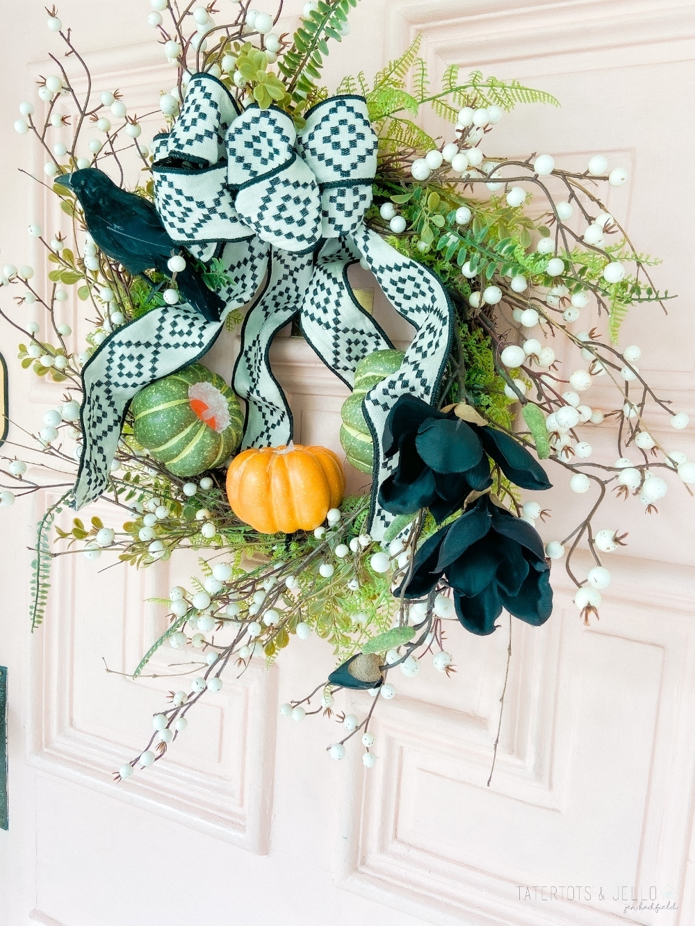 Light Up Pumpkin Farmhouse Wreath. Carve the middle of foam pumpkins, add light-up votives and add them to a wreath for a pretty wreath that also lights up at night! 