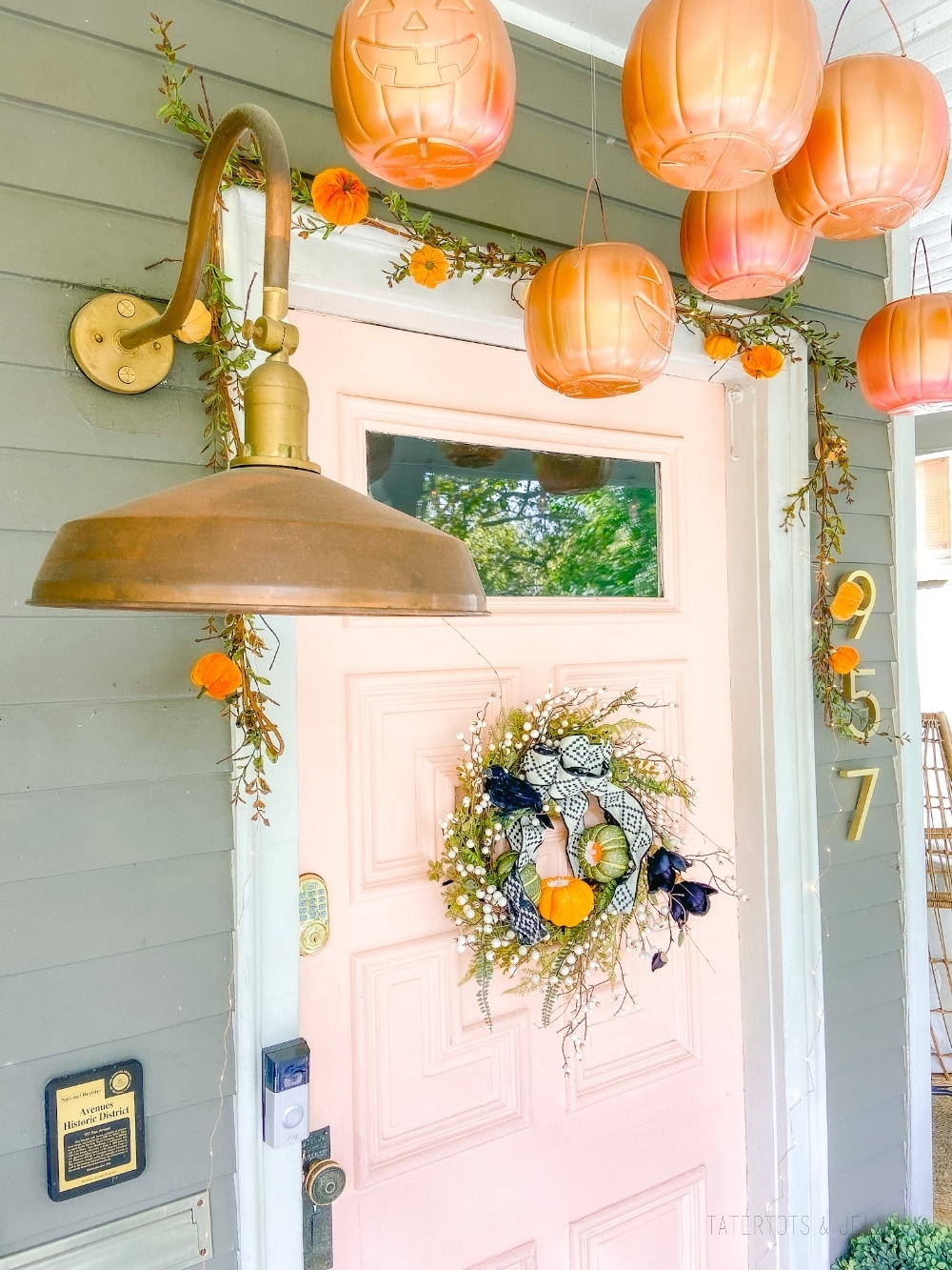 Light Up Pumpkin Farmhouse Wreath. Carve the middle of foam pumpkins, add light-up votives and add them to a wreath for a pretty wreath that also lights up at night! 