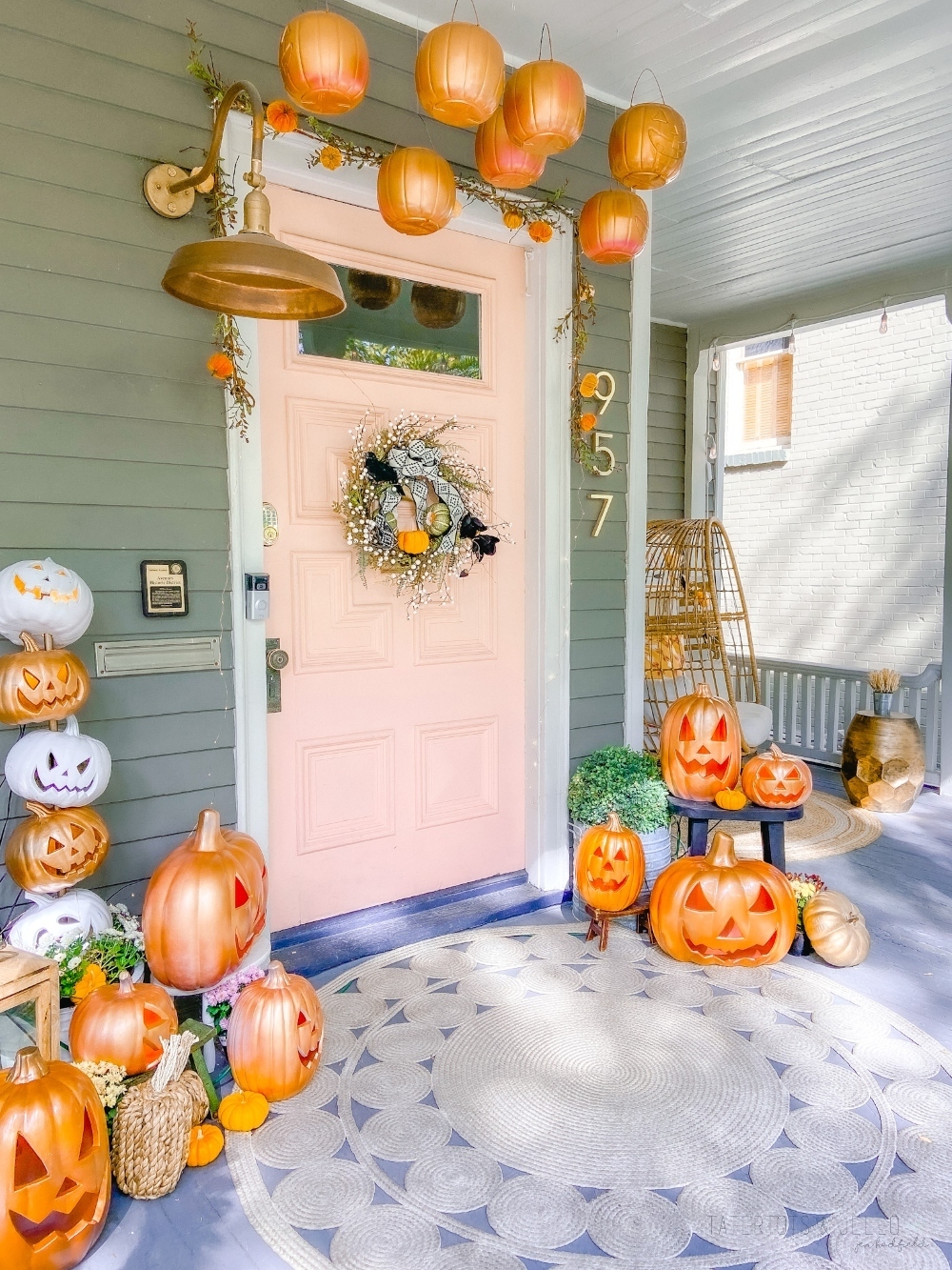 Light Up Pumpkin Farmhouse Wreath. Carve the middle of foam pumpkins, add light-up votives and add them to a wreath for a pretty wreath that also lights up at night! 