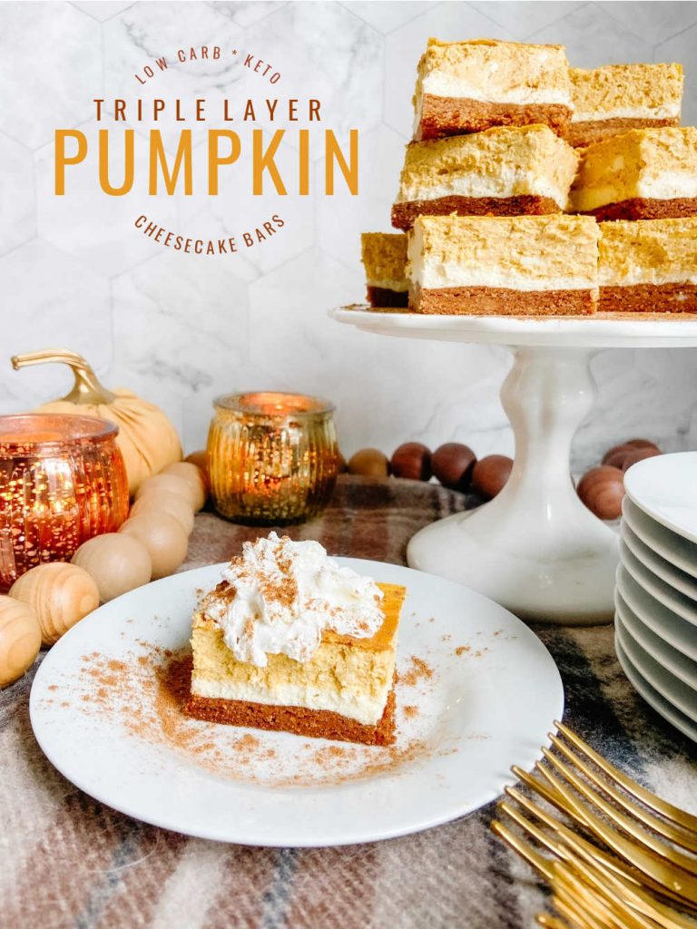 Triple Layer Pumpkin Cheesecake Bars. Creamy layers of cheesecake and pumpkin cheesecake with a ginger cinnamon crust for a low-carb treat perfect for Fall!