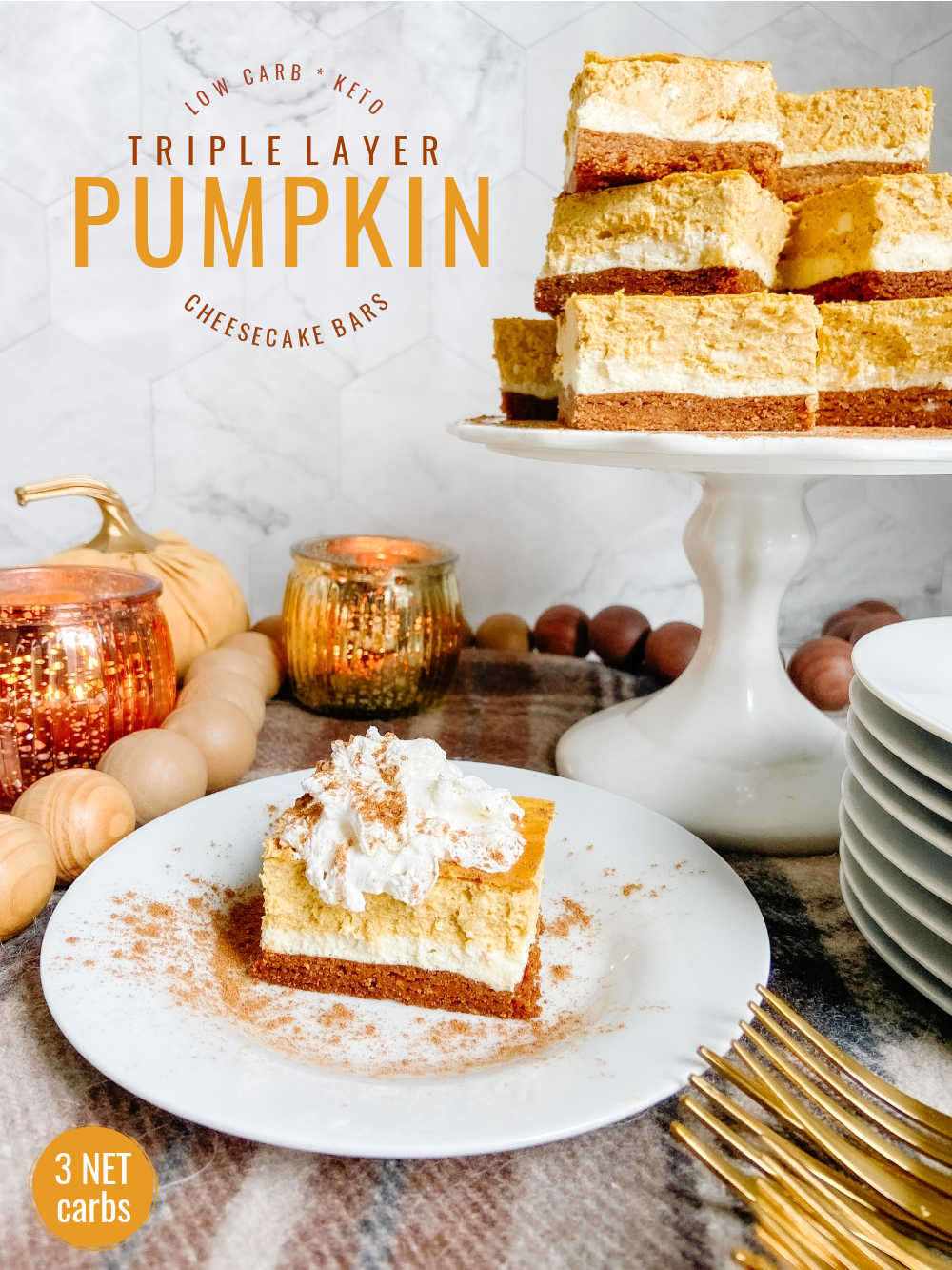 Triple Layer Pumpkin Cheesecake Bars. Creamy layers of cheesecake and pumpkin cheesecake with a ginger cinnamon crust for a low-carb treat perfect for Fall!