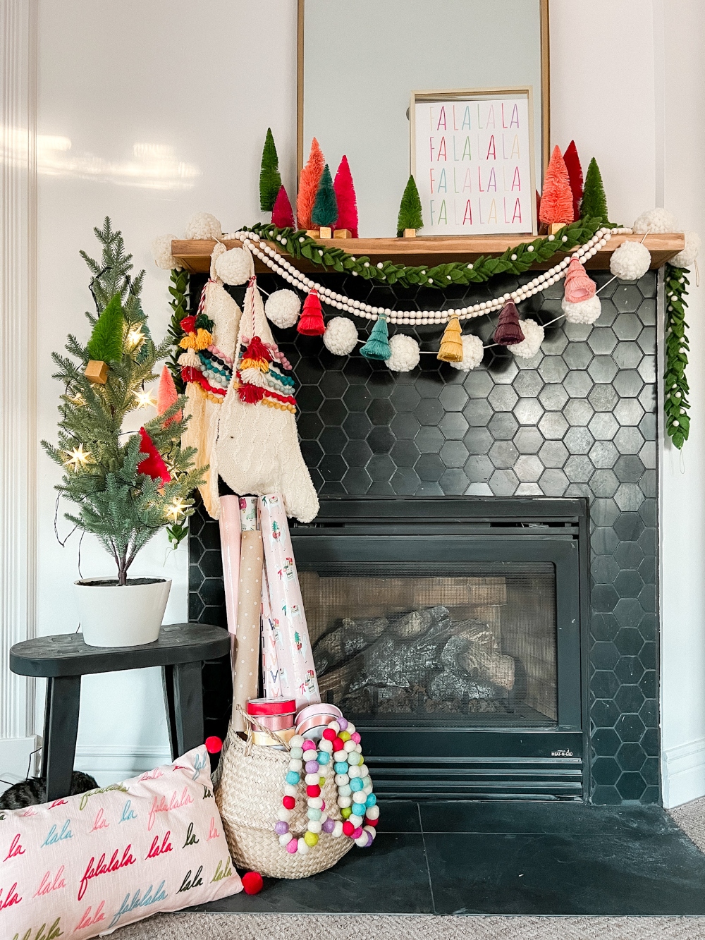 Colorful Holiday Bedroom Mantel. Add some holiday cheer to your bedroom with these colorful ideas!
