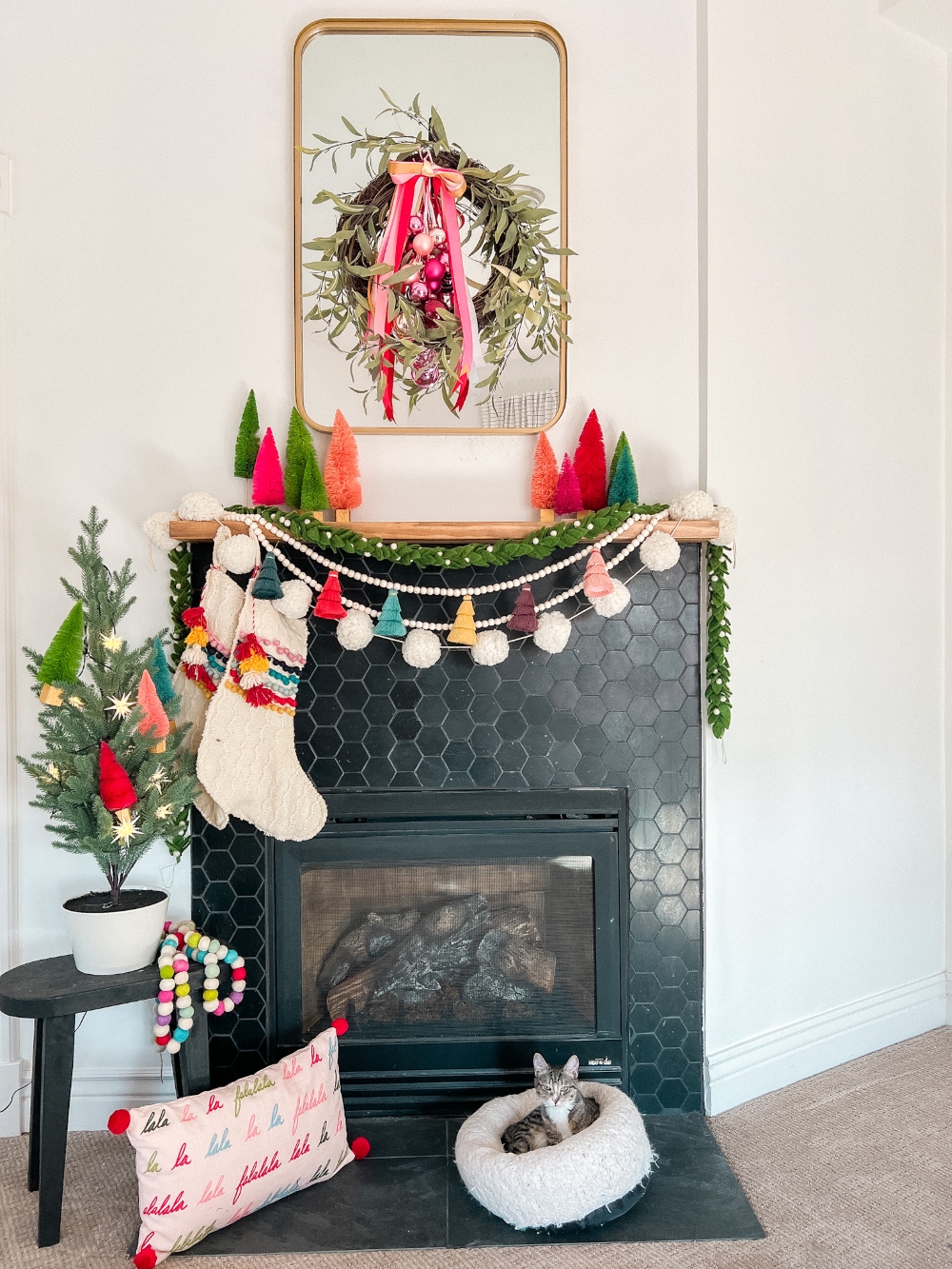 Colorful Holiday Bedroom Mantel. Add some holiday cheer to your bedroom with these colorful ideas!